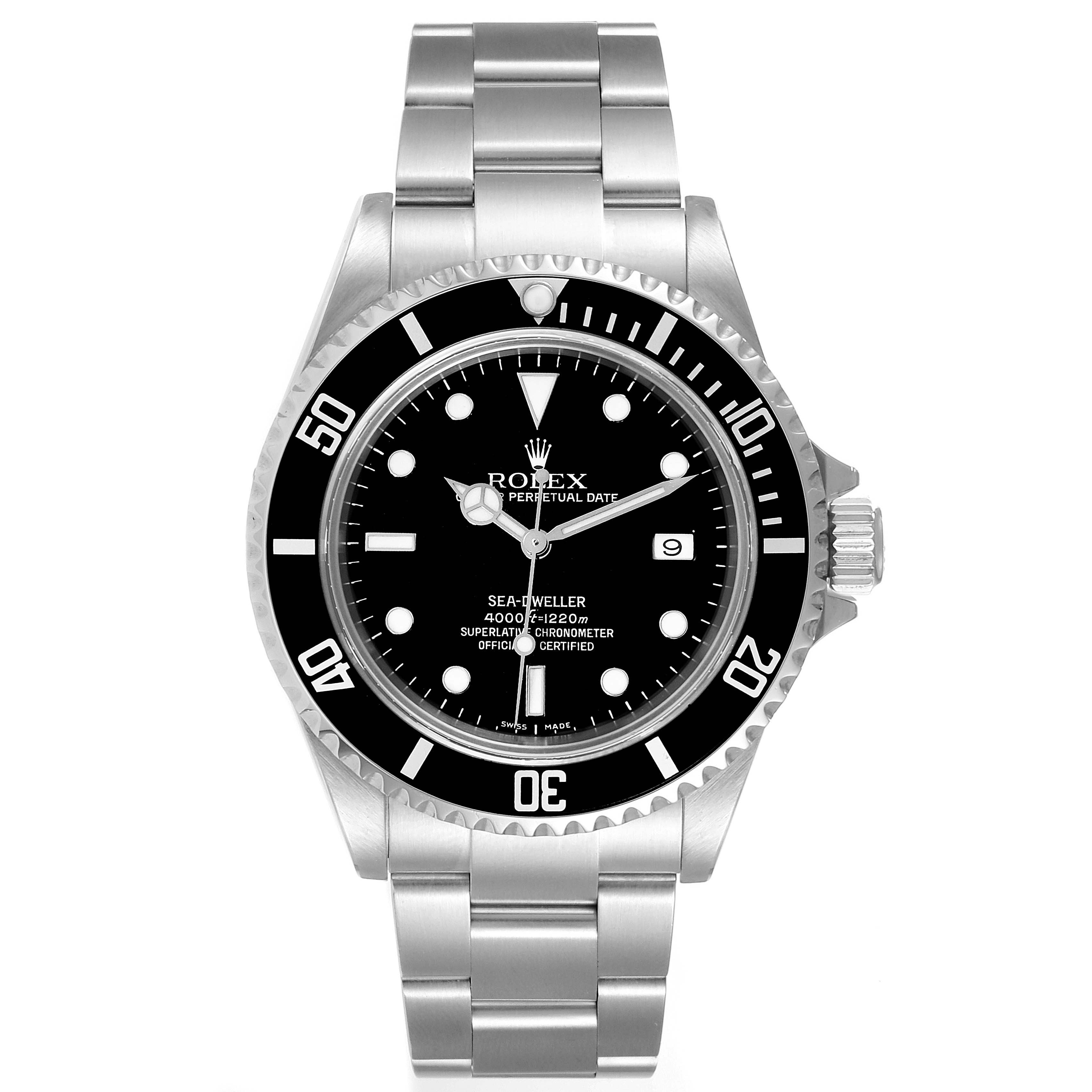 This image shows a front view of the Rolex Sea-Dweller 16600 Men
s Stainless Steel Black Dial 16600 Men
s Stainless Steel Black Dial watch, focusing on the bezel, dial, hands, bracelet, and crown.