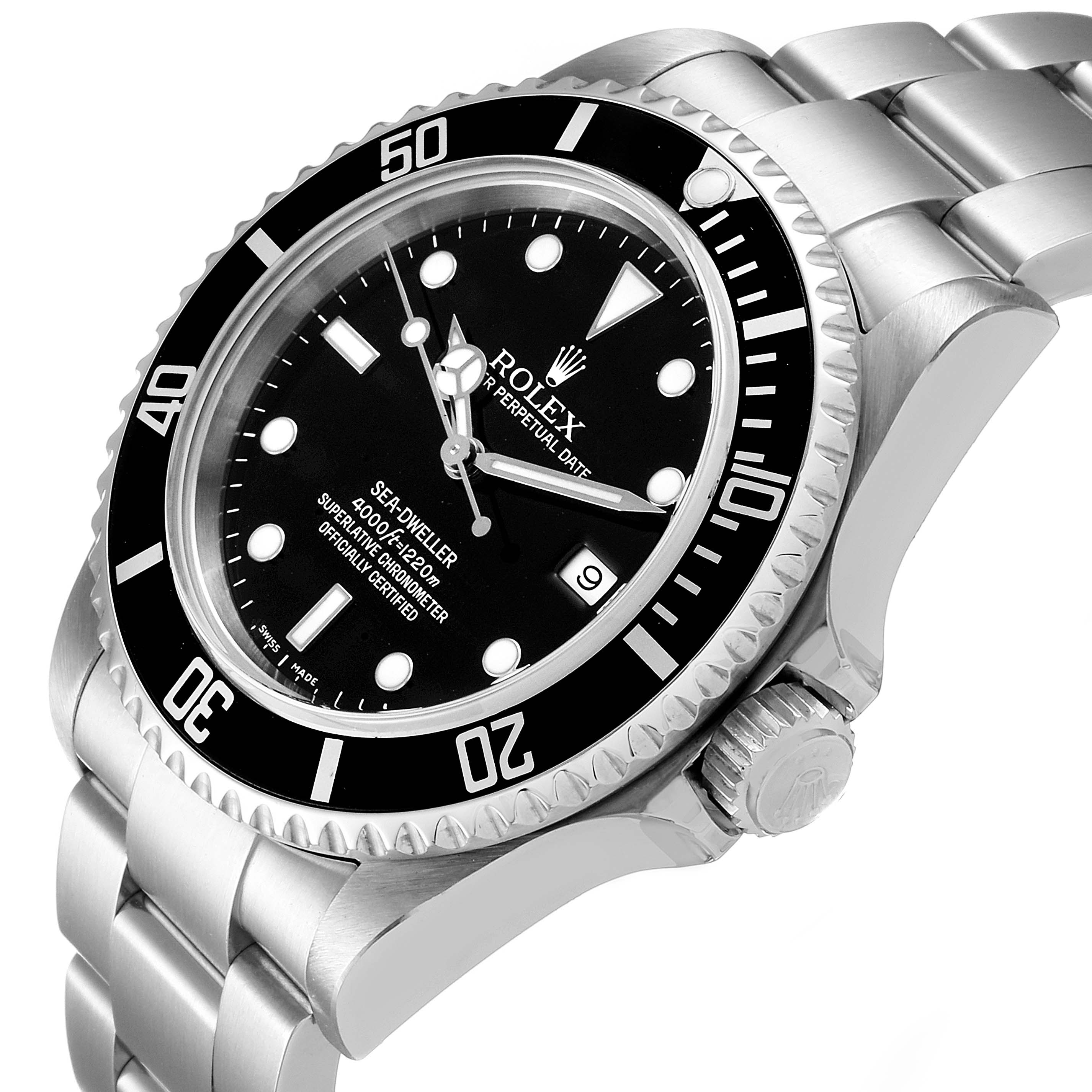 This image shows the face, bezel, crown, and part of the bracelet of a Rolex Sea-Dweller 16600 Men
s Stainless Steel Black Dial 16600 Men
s Stainless Steel Black Dial watch at an angle.