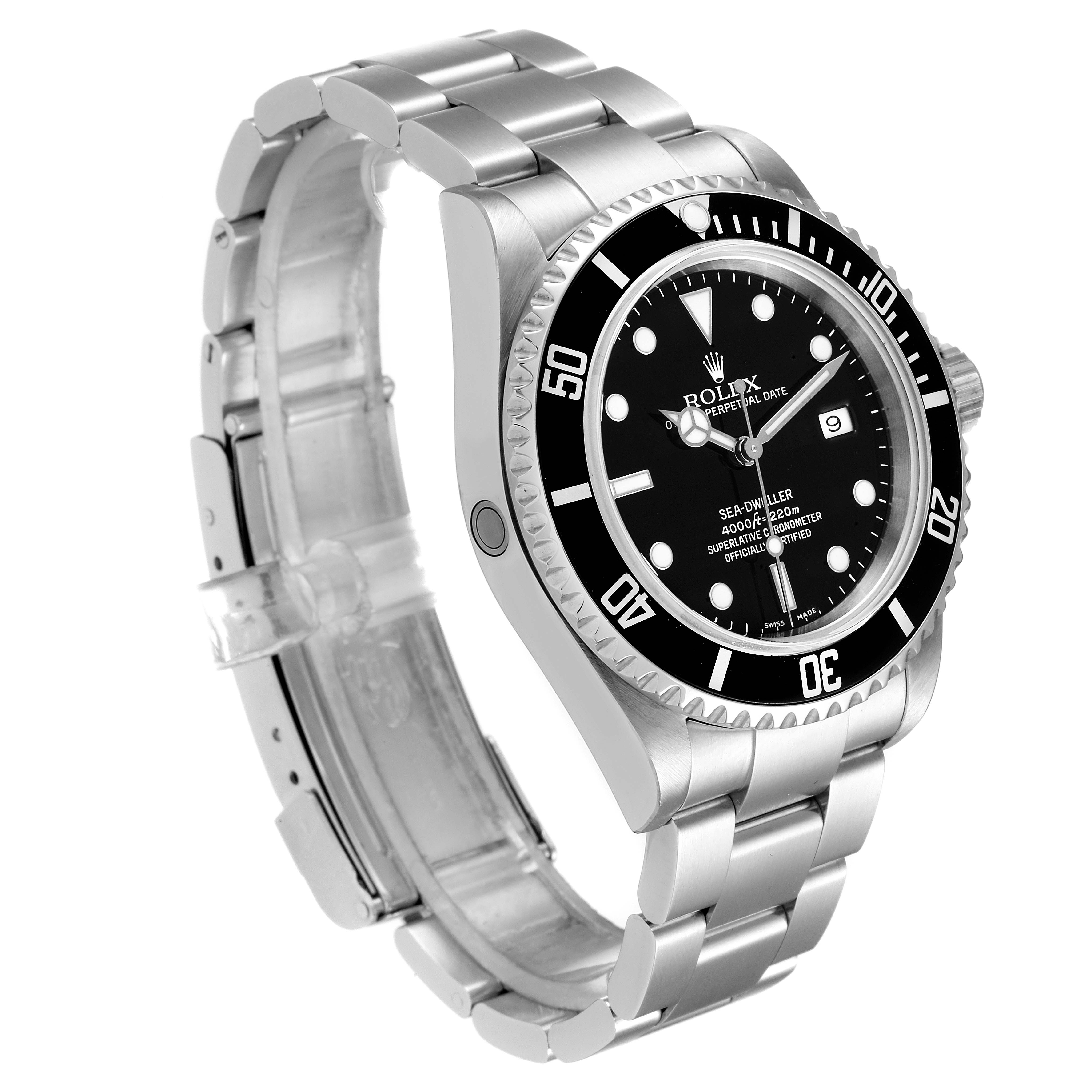 This image shows the Rolex Sea-Dweller 16600 Men
s Stainless Steel Black Dial 16600 Men
s Stainless Steel Black Dial watch in a three-quarter view, highlighting the dial, bezel, and bracelet.