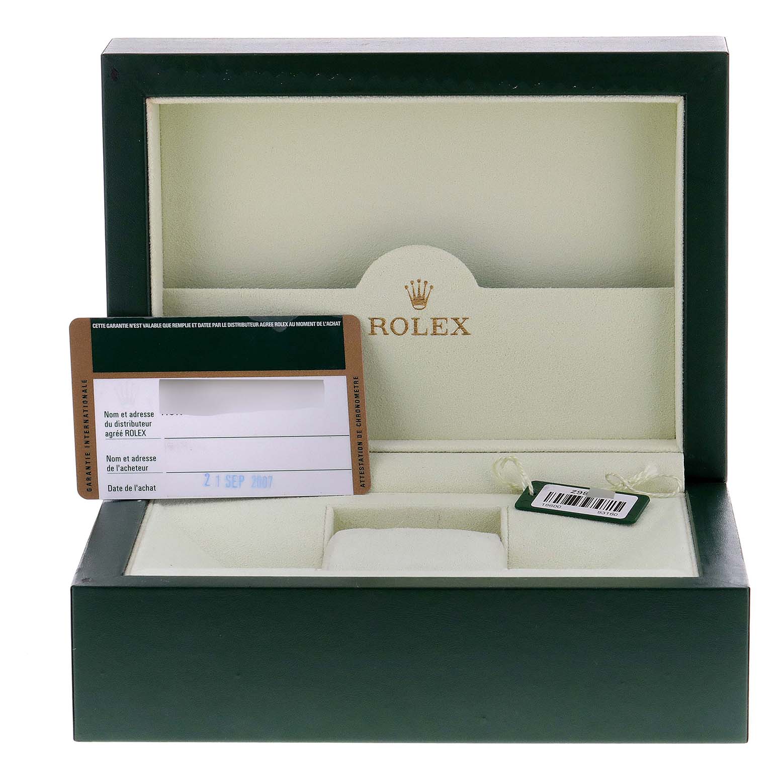 The image shows a Rolex Sea-Dweller 16600 Men
s Stainless Steel Black Dial 16600 Men
s Stainless Steel Black Dial watch box set, including an Best Quality
ity card and tags, viewed from the front.