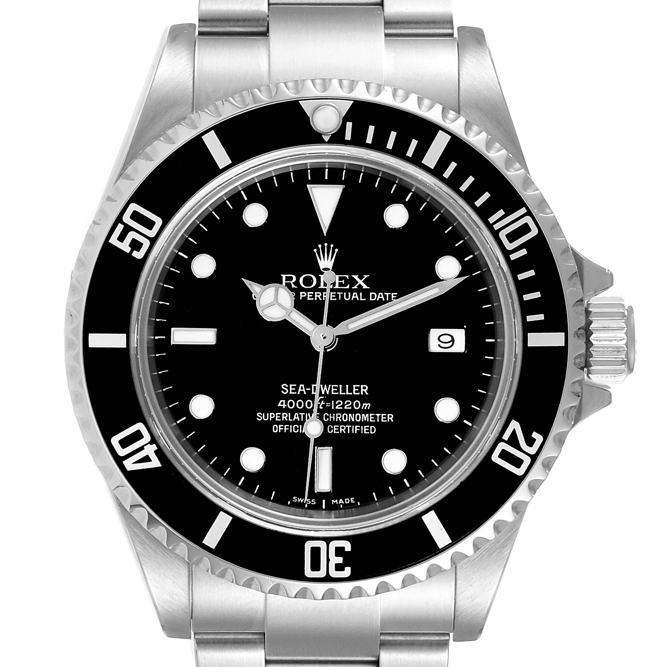 The Rolex Sea-Dweller 16600 Men
s Stainless Steel Black Dial 16600 Men
s Stainless Steel Black Dial watch is shown from a top-down angle, highlighting the face, bezel, and parts of the bracelet.