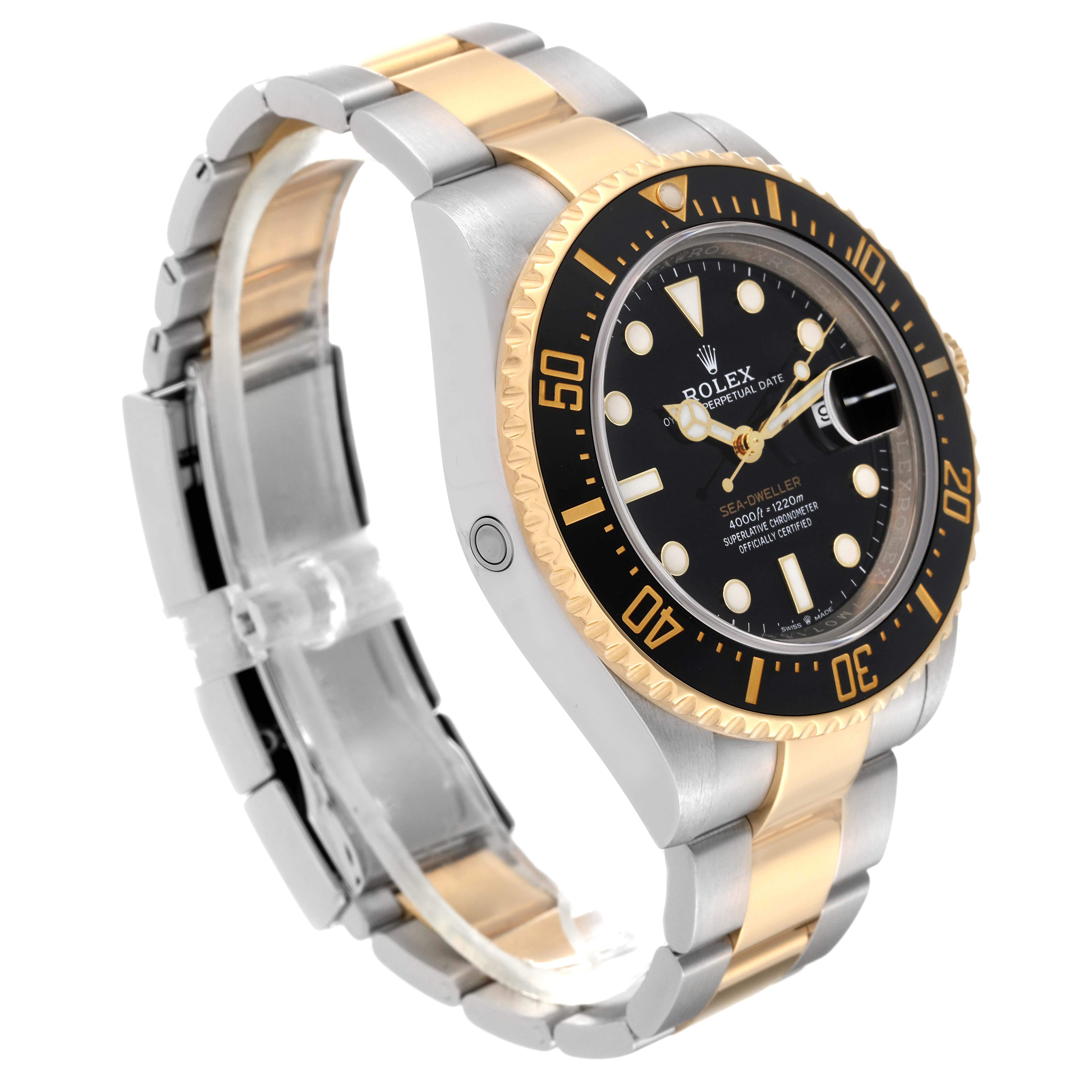 The image displays a Rolex Sea-Dweller 126603 Men's Steel and Gold (two tone) Black Dial 126603 Men's Steel and Gold (two tone) Black Dial watch at a three-quarter angle, showcasing its dial, bezel, and bracelet.