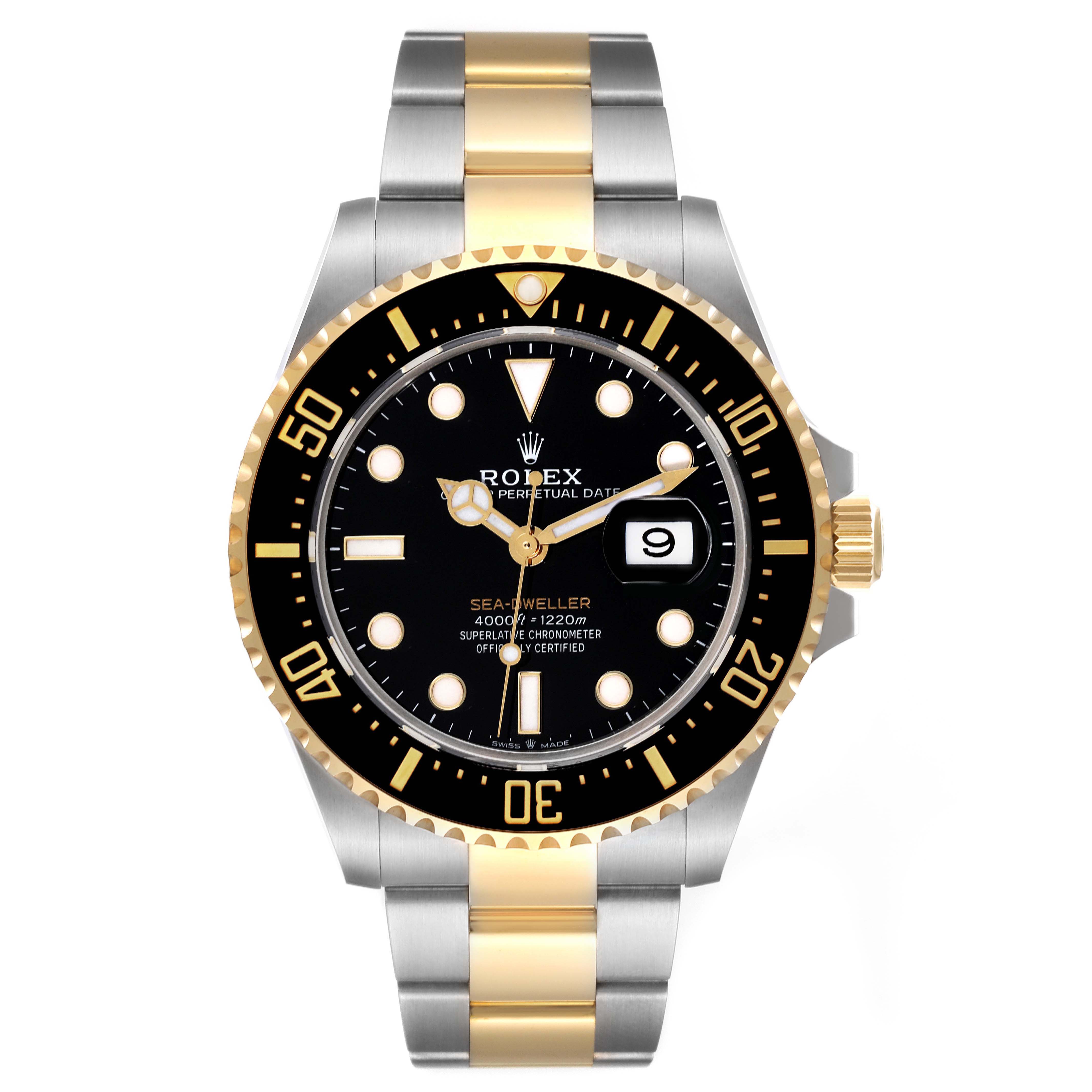 The Rolex Sea-Dweller 126603 Men's Steel and Gold (two tone) Black Dial 126603 Men's Steel and Gold (two tone) Black Dial watch is shown from a front angle, displaying the dial, bezel, bracelet, and date window.