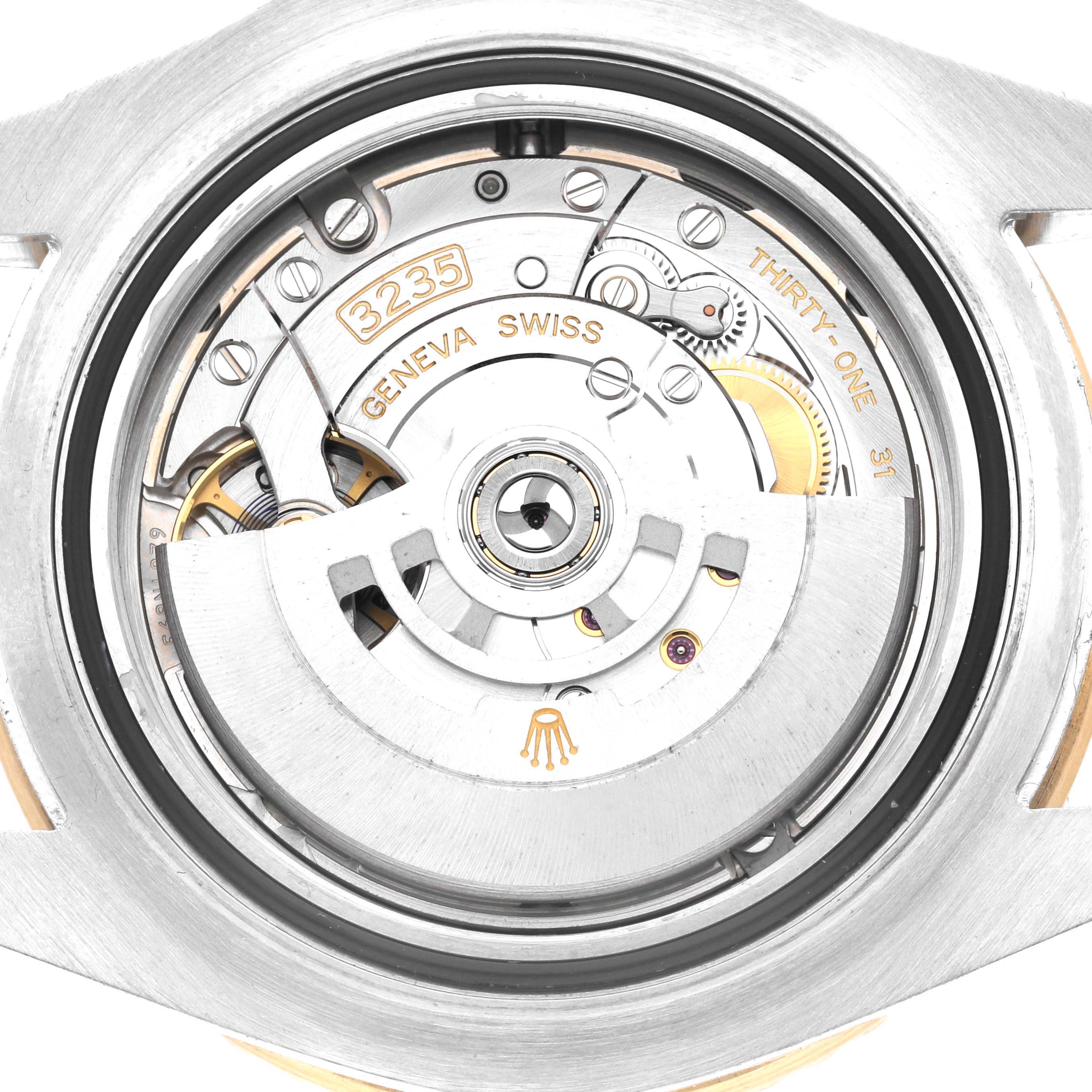 This image shows the back view of the Rolex Sea-Dweller 126603 Men's Steel and Gold (two tone) Black Dial 126603 Men's Steel and Gold (two tone) Black Dial watch, focusing on the movement and internal mechanisms marked "3235 Geneva Swiss."