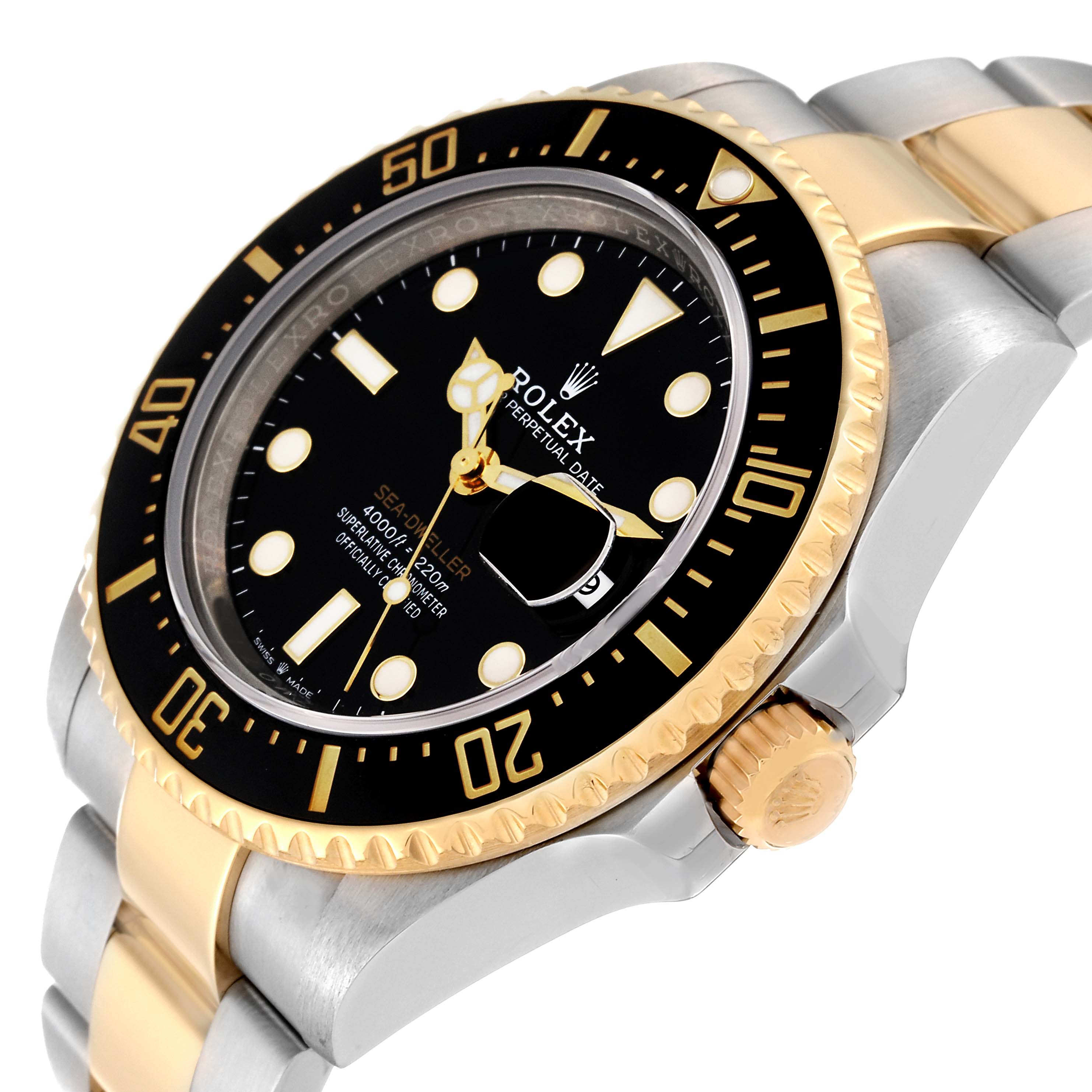 The image shows a close-up angled view of the face, bezel, crown, and part of the bracelet of a Rolex Sea-Dweller 126603 Men's Steel and Gold (two tone) Black Dial 126603 Men's Steel and Gold (two tone) Black Dial watch.