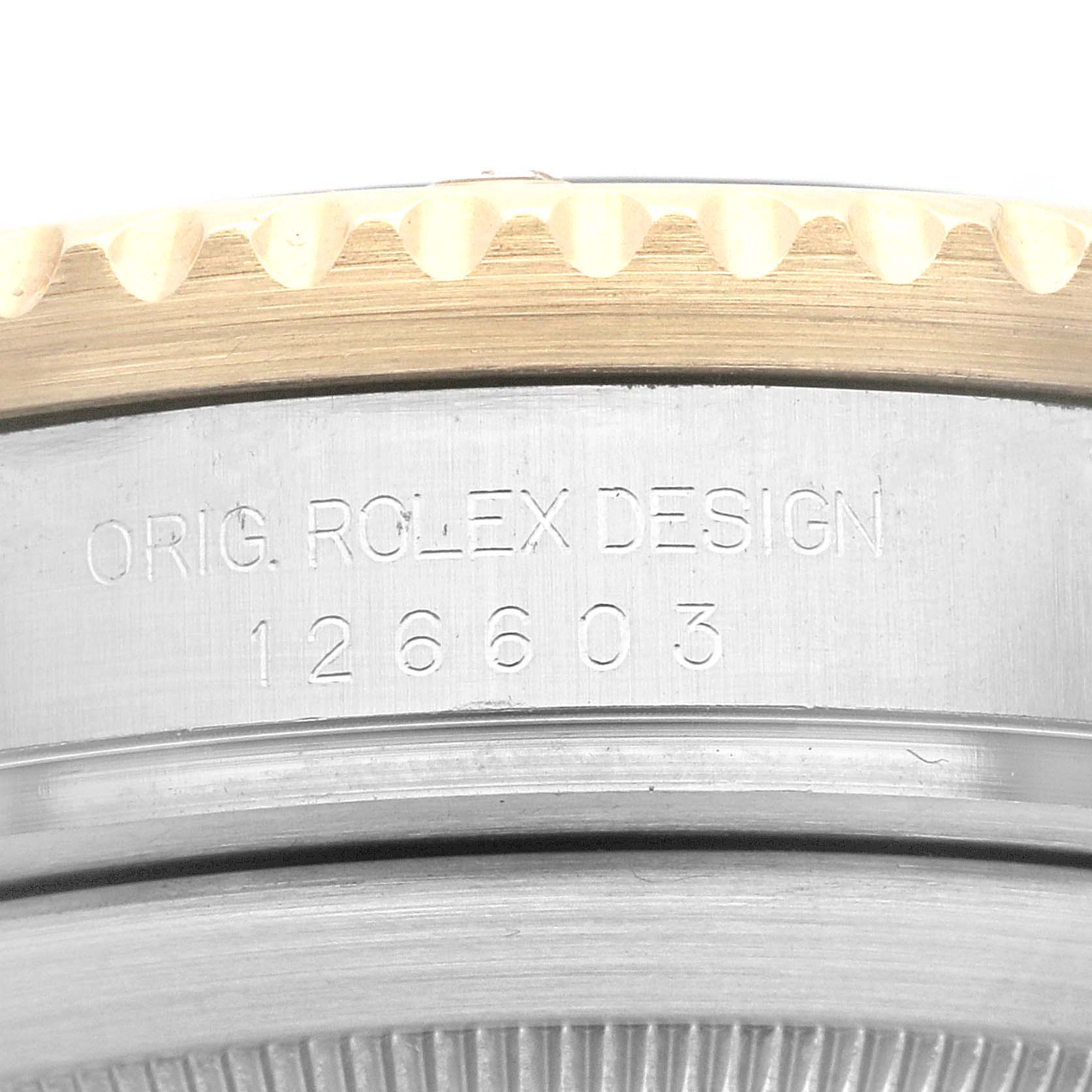 The image shows a close-up of the bezel and case side of the Rolex Sea-Dweller 126603 Men's Steel and Gold (two tone) Black Dial 126603 Men's Steel and Gold (two tone) Black Dial watch, featuring the "ORIG. ROLEX DESIGN" engraving and model number 126603.