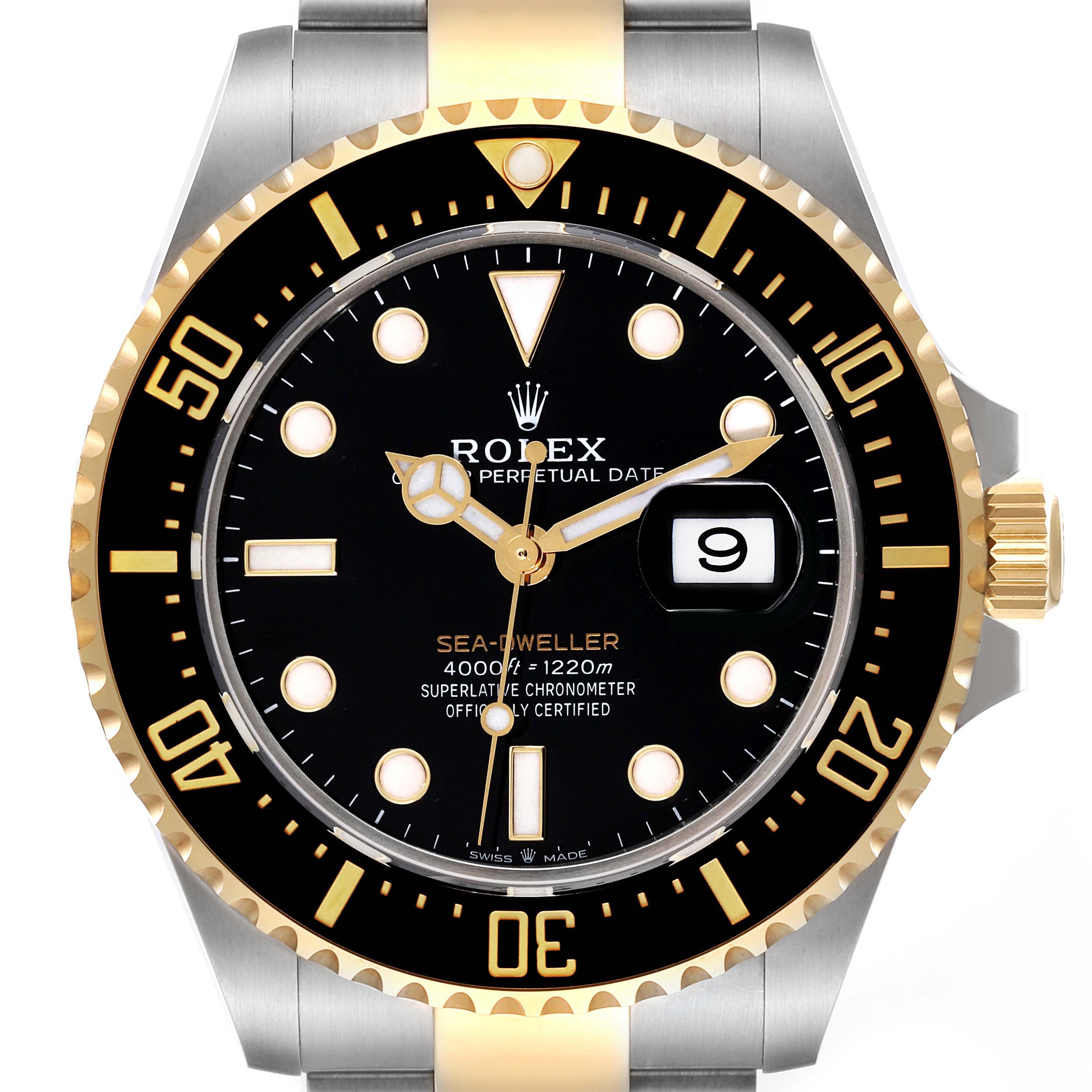 The Rolex Sea-Dweller 126603 Men's Steel and Gold (two tone) Black Dial 126603 Men's Steel and Gold (two tone) Black Dial is shown from the front, highlighting the dial, bezel, crown, and part of the bracelet.