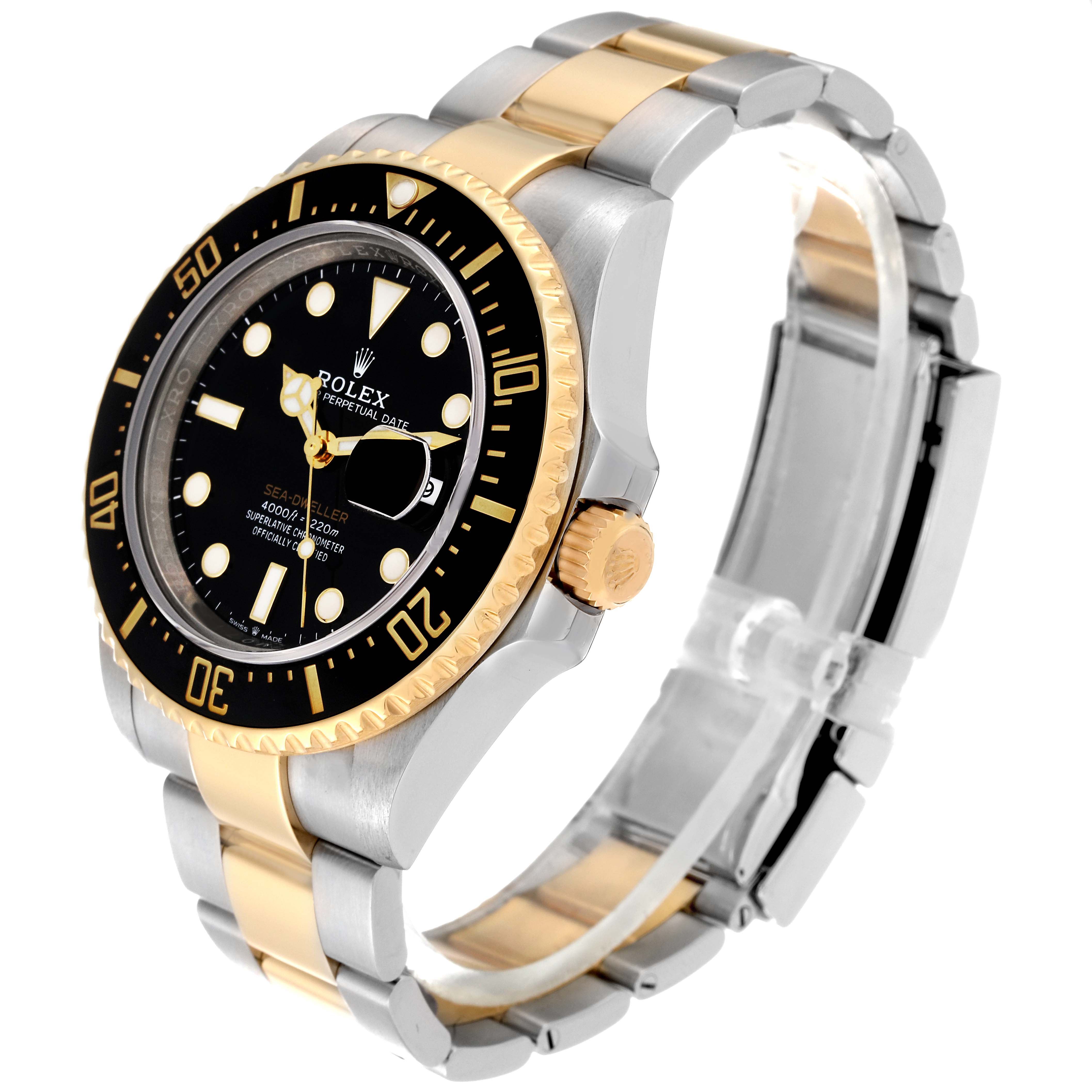 The image shows a Rolex Sea-Dweller 126603 Men's Steel and Gold (two tone) Black Dial 126603 Men's Steel and Gold (two tone) Black Dial watch at an angle, highlighting the face, bezel, crown, and two-tone bracelet.