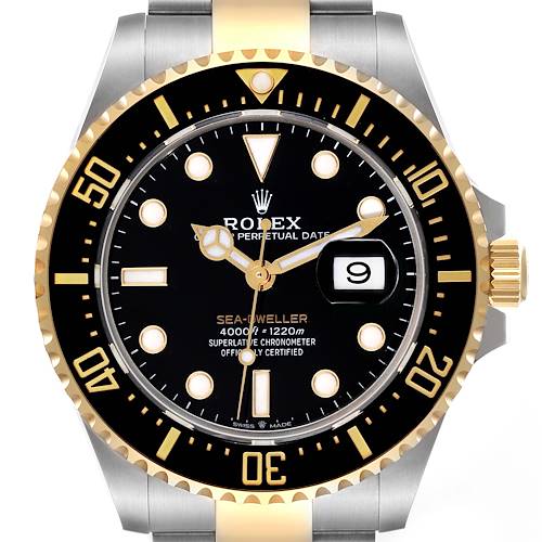 The Rolex Sea-Dweller watch is shown from the front, displaying the dial, bezel, hands, crown, and part of the band.