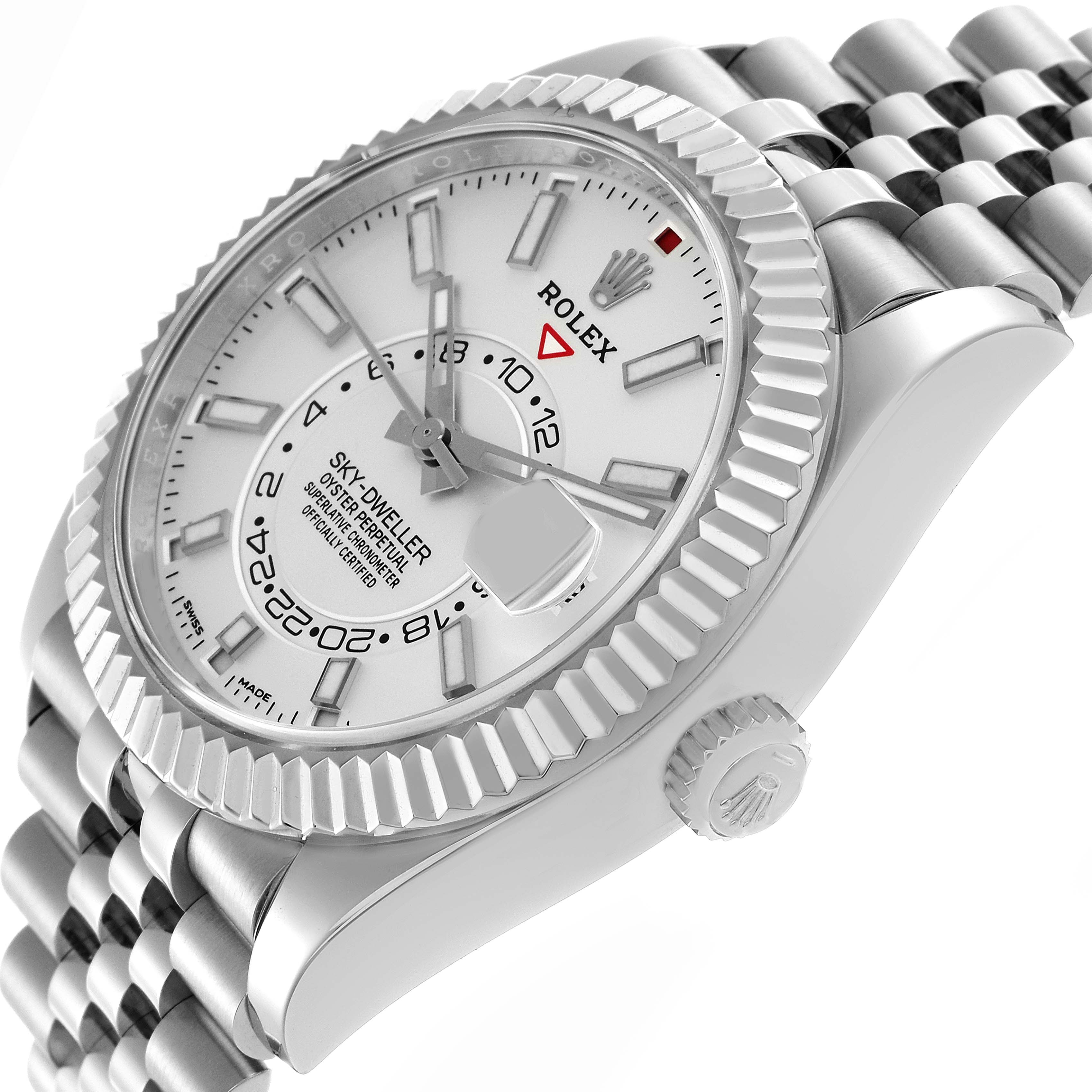 The Rolex Sky-Dweller 326934 Men
s Stainless Steel Silver Dial 326934 Men
s Stainless Steel Silver Dial watch is shown at an angled view displaying its dial, bezel, crown, and part of the bracelet.