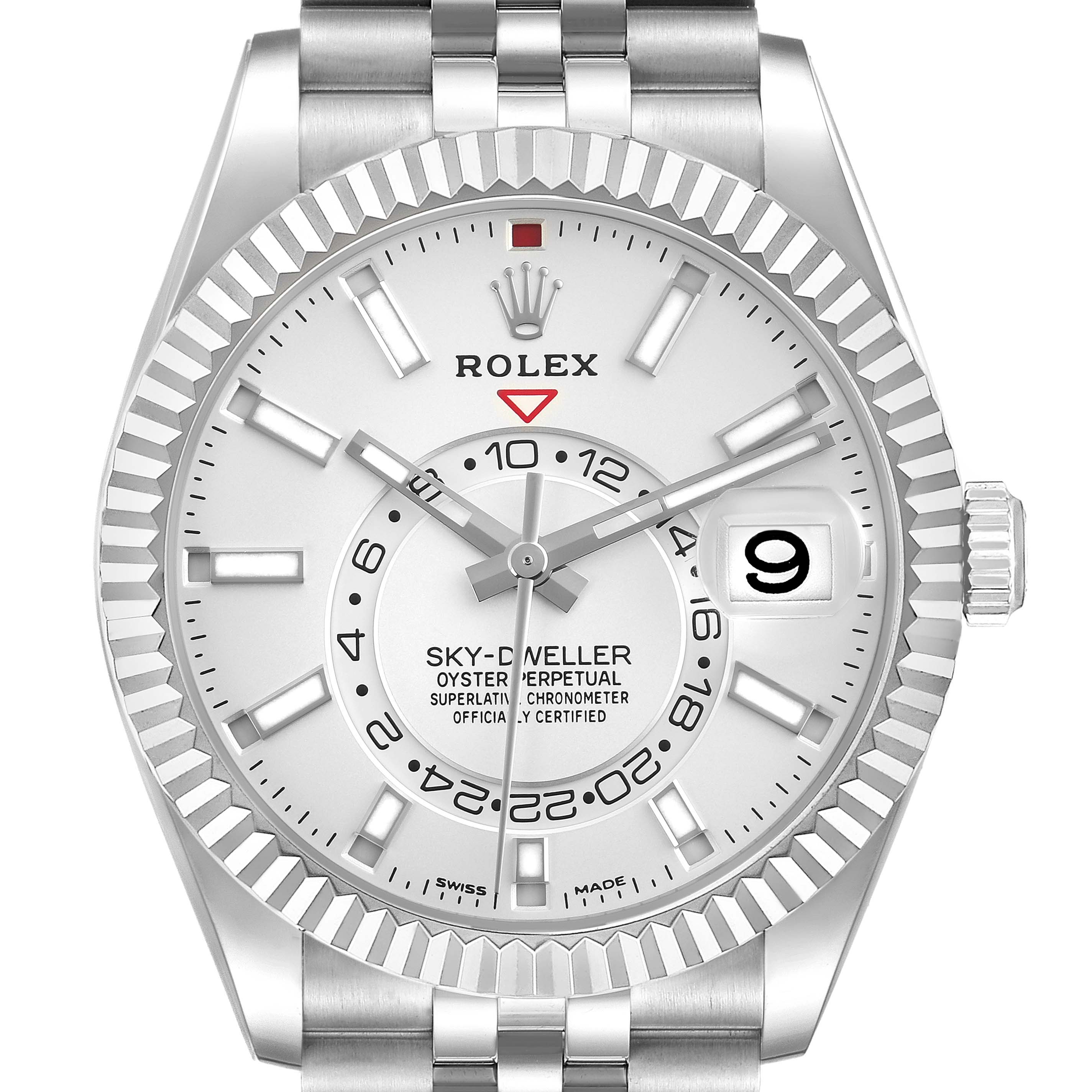 The image shows a frontal view of the Rolex Sky-Dweller 326934 Men
s Stainless Steel Silver Dial 326934 Men
s Stainless Steel Silver Dial, highlighting the dial, bezel, and bracelet.