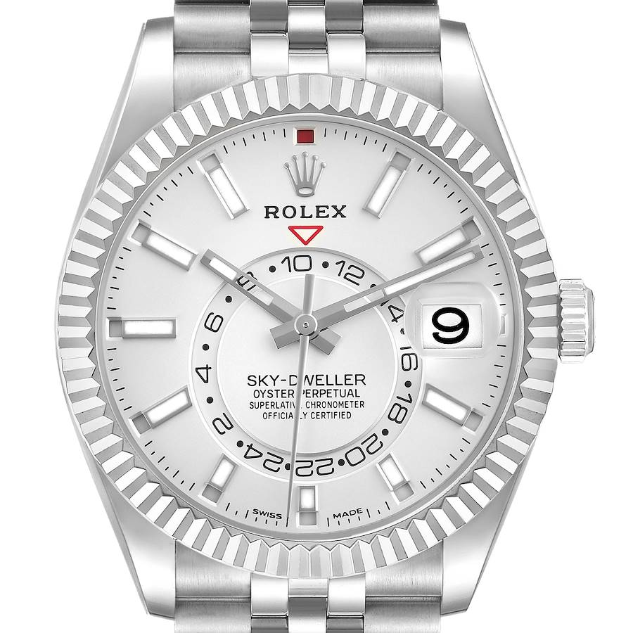 The image shows a frontal view of the Rolex Sky-Dweller, highlighting the dial, bezel, and bracelet.