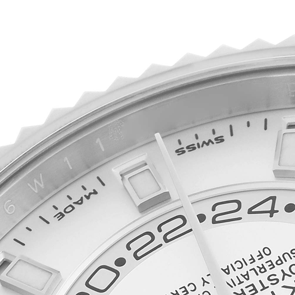 The image shows a close-up of the Rolex Sky-Dweller 326934 Men
s Stainless Steel Silver Dial 326934 Men
s Stainless Steel Silver Dial dial, highlighting the markers, a pointer, and part of the bezel.