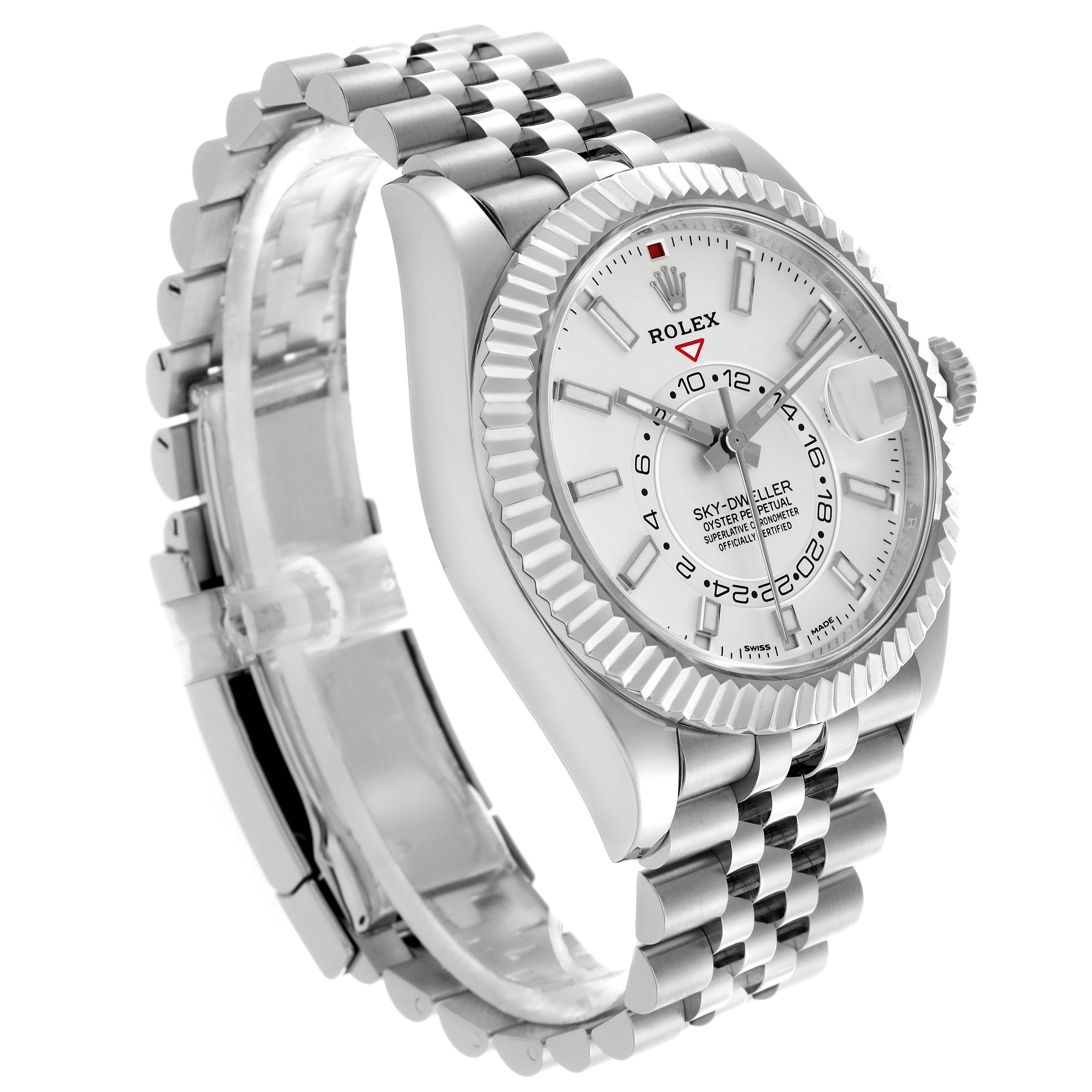 The Rolex Sky-Dweller 326934 Men
s Stainless Steel Silver Dial 326934 Men
s Stainless Steel Silver Dial is shown at a three-quarter angle, highlighting the face, fluted bezel, and Jubilee bracelet.