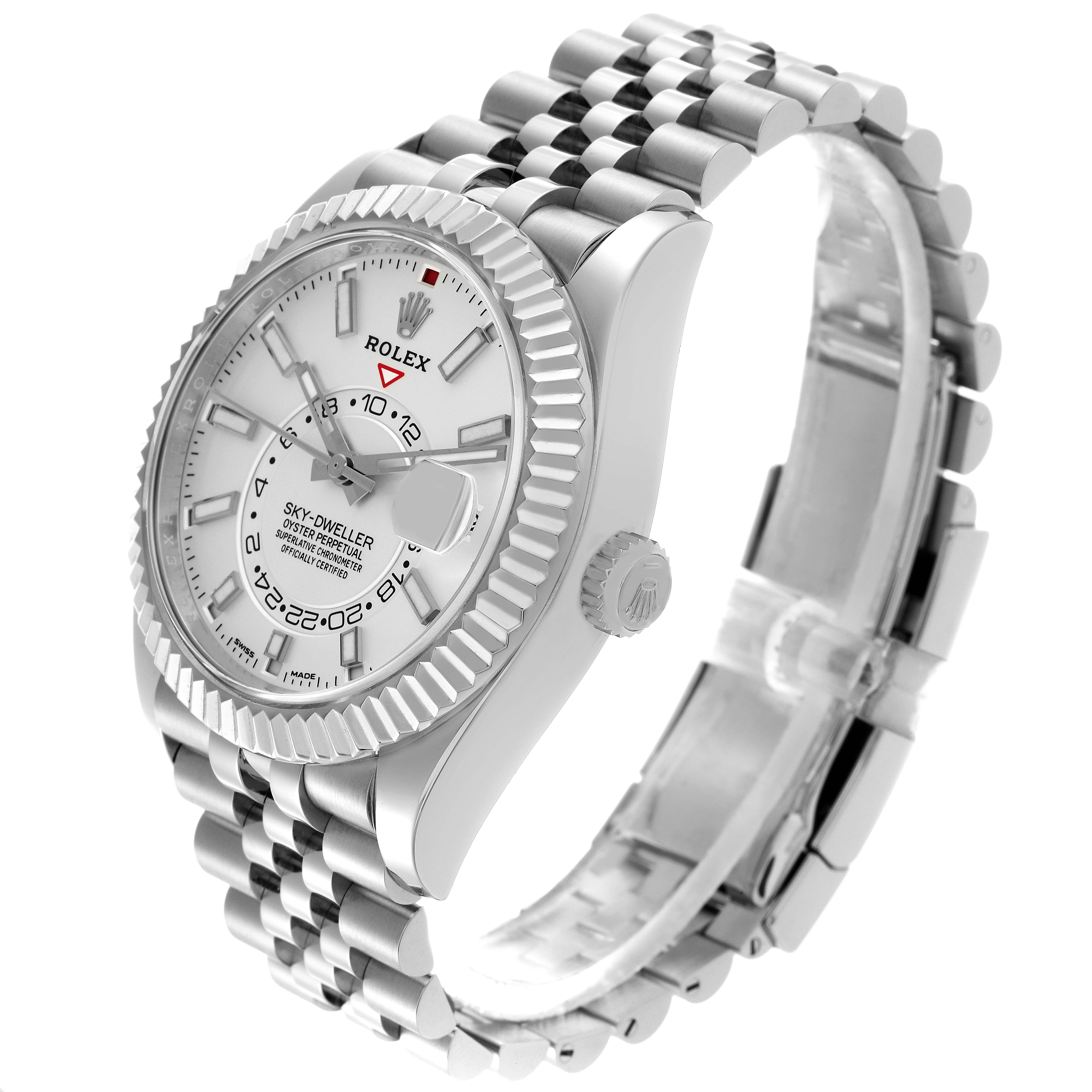 The Rolex Sky-Dweller 326934 Men
s Stainless Steel Silver Dial 326934 Men
s Stainless Steel Silver Dial is shown at a three-quarter angle, highlighting the watch face, bezel, crown, and part of the bracelet.