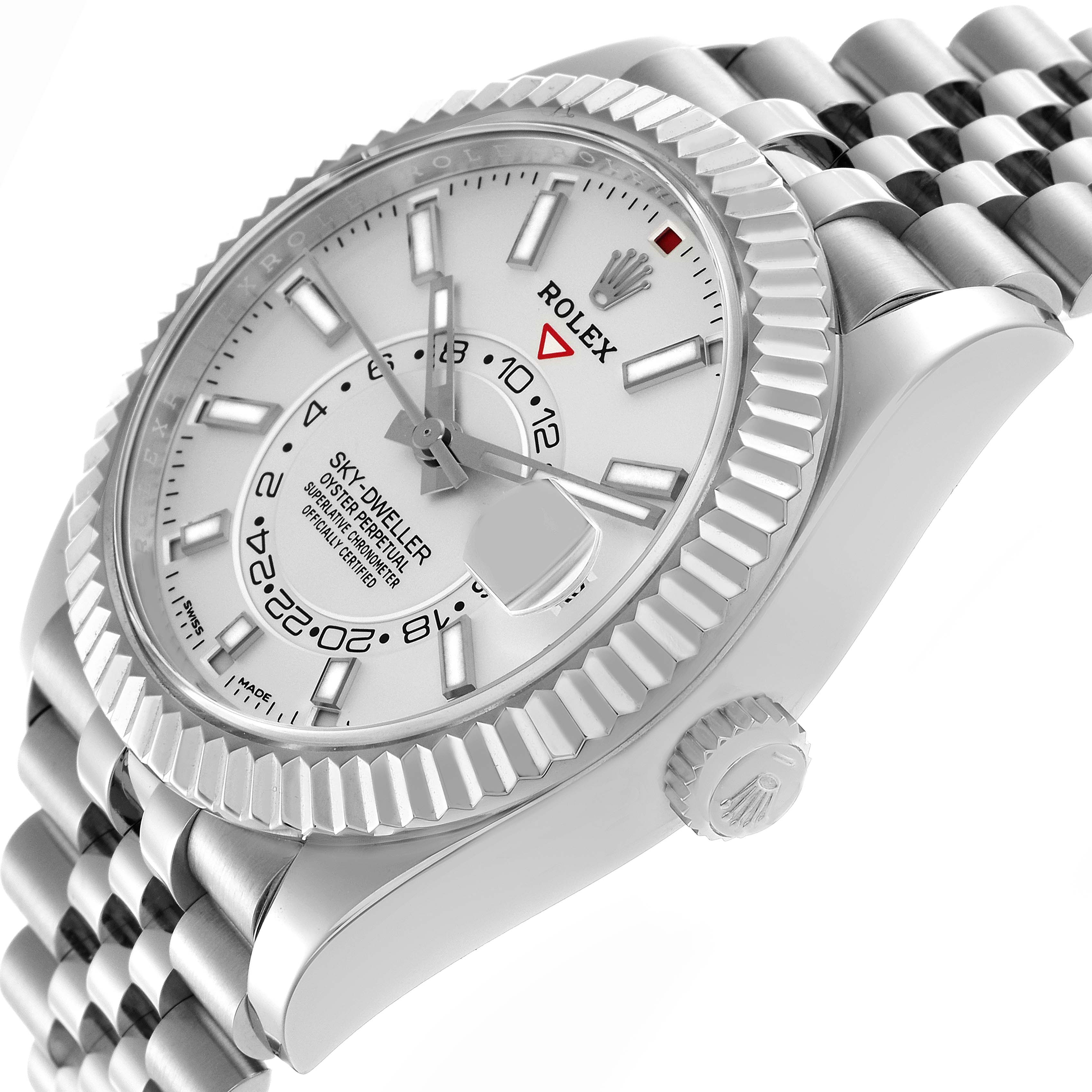 The Rolex Sky-Dweller 326934 Men
s Stainless Steel Silver Dial 326934 Men
s Stainless Steel Silver Dial watch is shown at an oblique angle highlighting the dial, bezel, crown, and part of the bracelet.