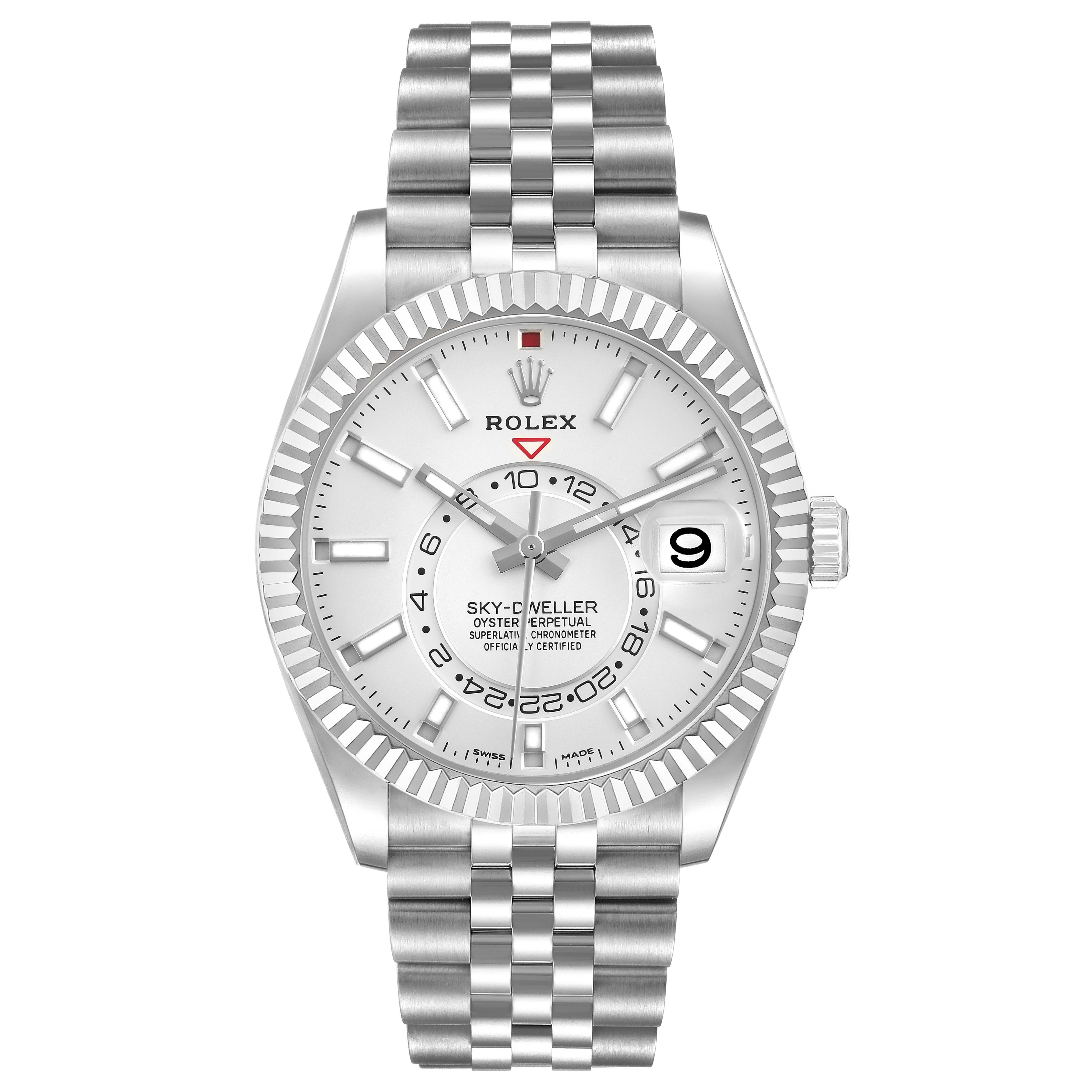 The Rolex Sky-Dweller 326934 Men
s Stainless Steel Silver Dial 326934 Men
s Stainless Steel Silver Dial is shown from the front, highlighting its dial, bezel, and bracelet.