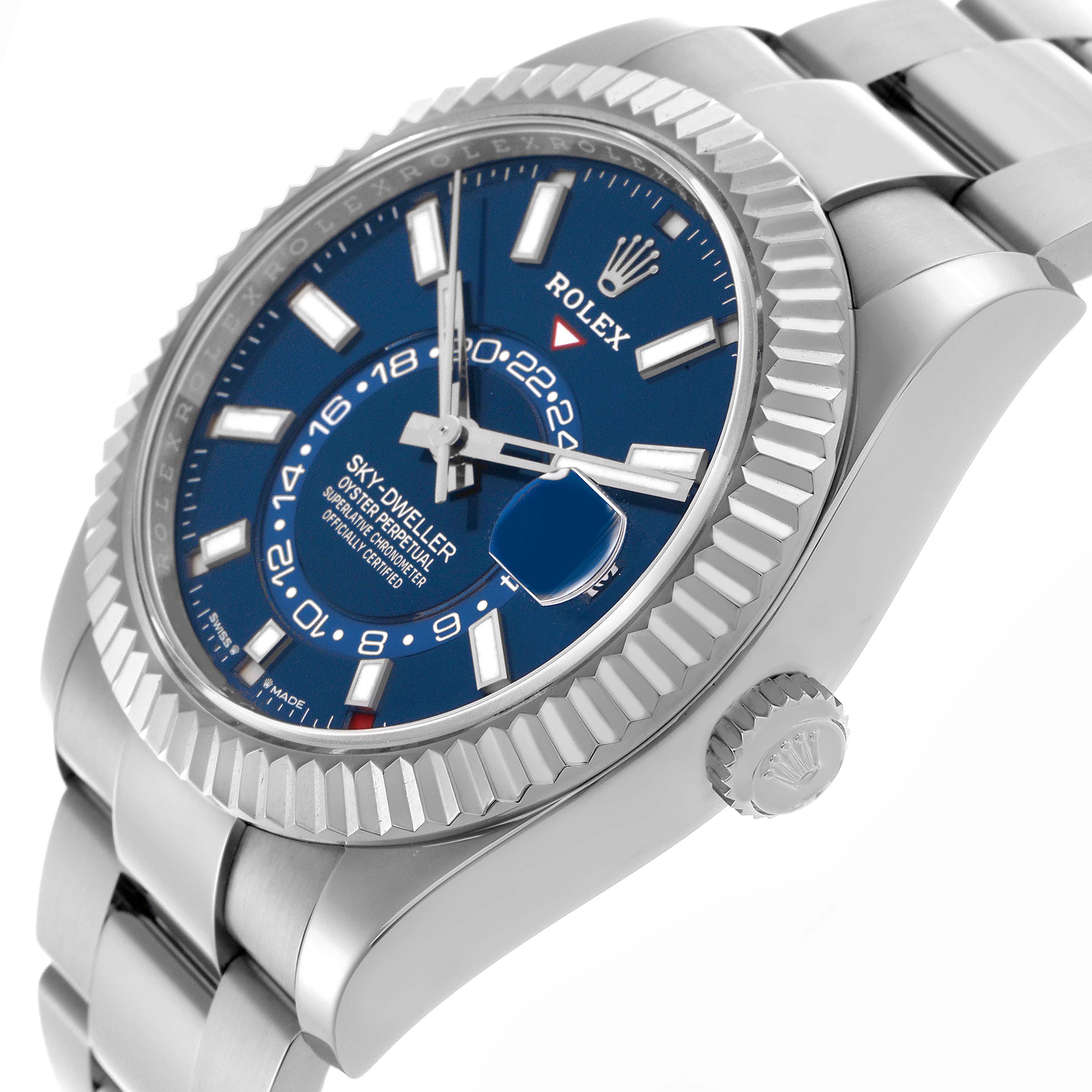 The image shows a Rolex Sky-Dweller 336934 Men
s Stainless Steel Blue Dial 336934 Men
s Stainless Steel Blue Dial watch from a three-quarter angle, highlighting the blue dial, bezel, crown, and bracelet.