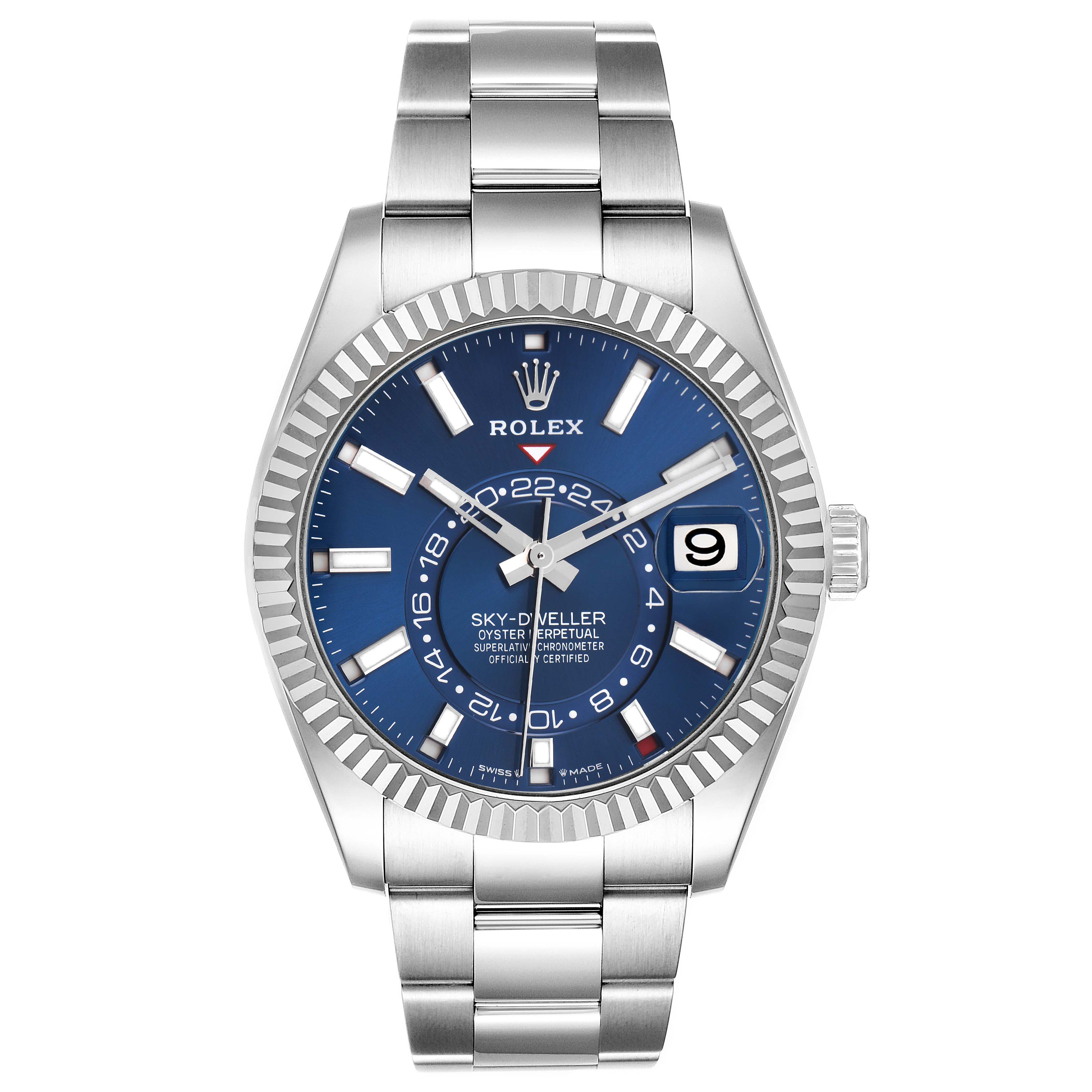 The Rolex Sky-Dweller 336934 Men
s Stainless Steel Blue Dial 336934 Men
s Stainless Steel Blue Dial watch is shown from the front, displaying its blue dial, bezel, and stainless steel bracelet.