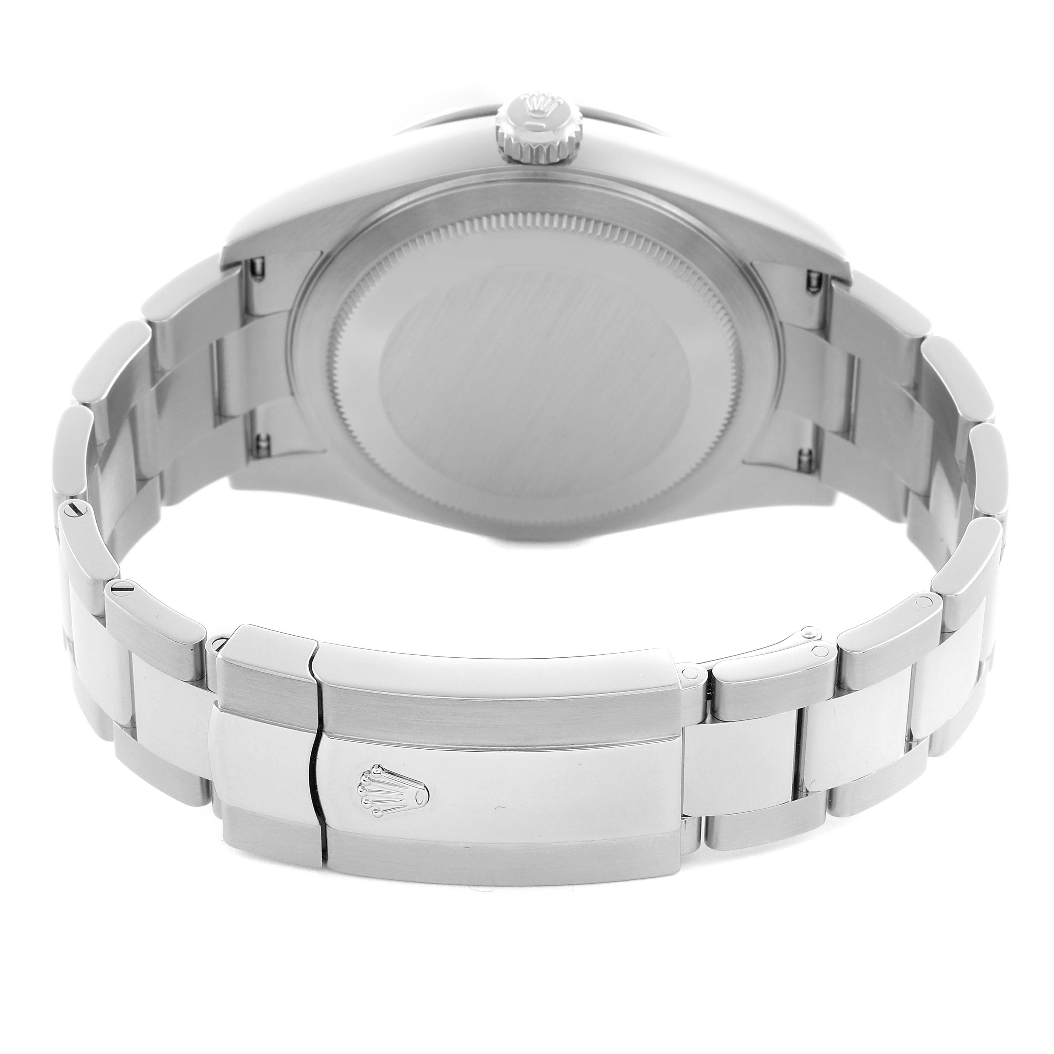 The image shows the back view of a Rolex Sky-Dweller 336934 Men
s Stainless Steel Blue Dial 336934 Men
s Stainless Steel Blue Dial, highlighting the clasp and bracelet.