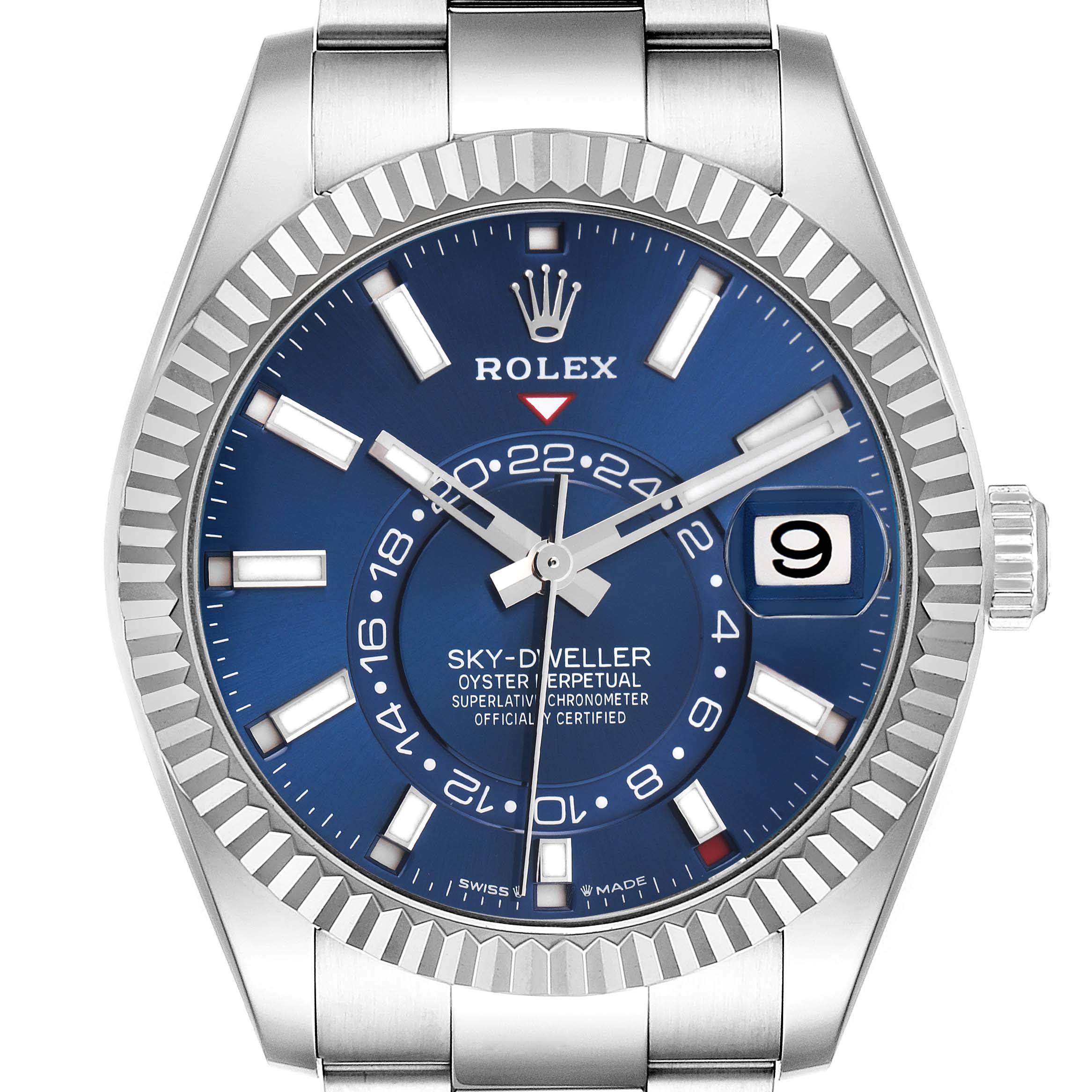 The Rolex Sky-Dweller 336934 Men
s Stainless Steel Blue Dial 336934 Men
s Stainless Steel Blue Dial watch is shown from a front angle, highlighting its blue dial, bezel, and date display.