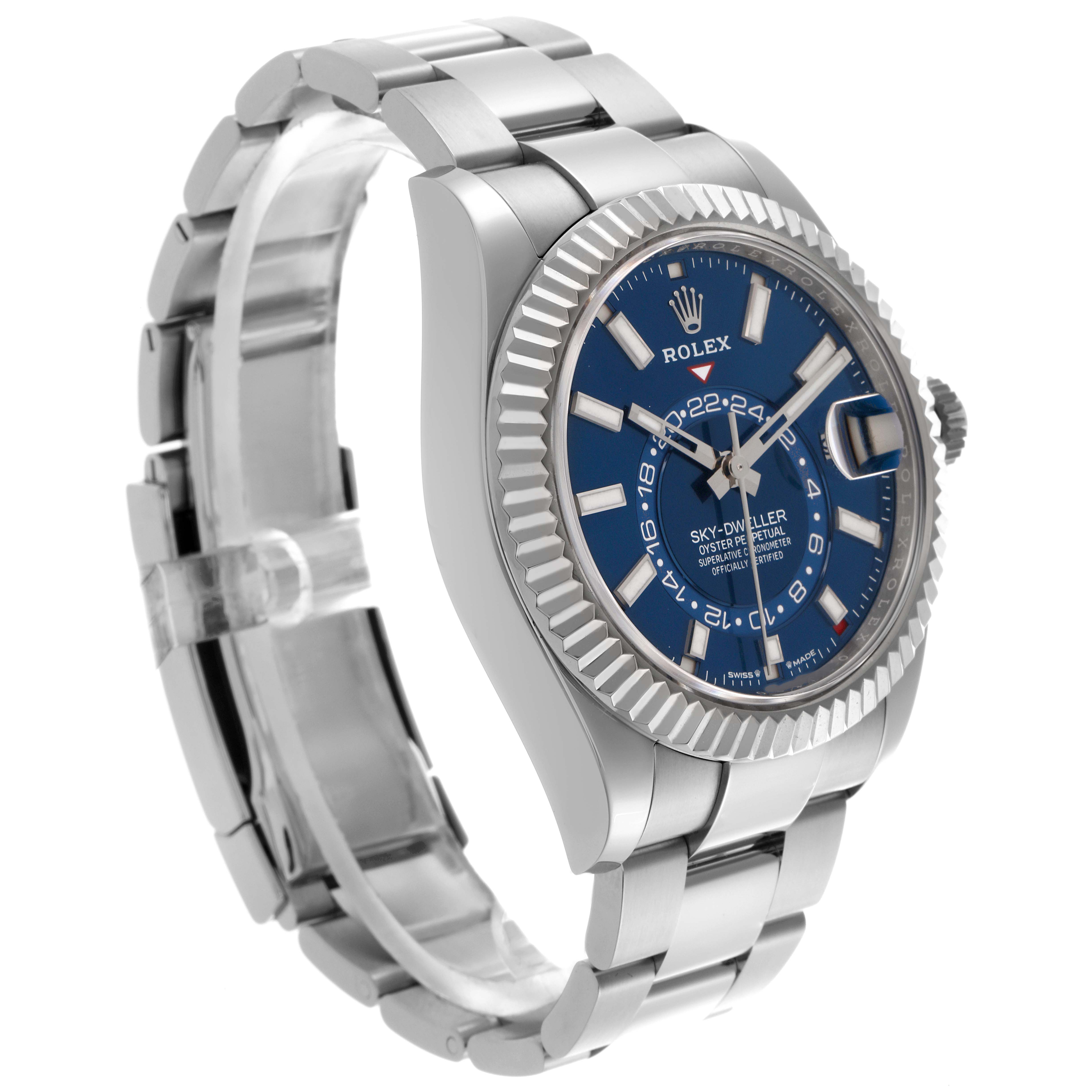 The Rolex Sky-Dweller 336934 Men
s Stainless Steel Blue Dial 336934 Men
s Stainless Steel Blue Dial watch is shown at a three-quarter angle, highlighting the face, bezel, and bracelet.