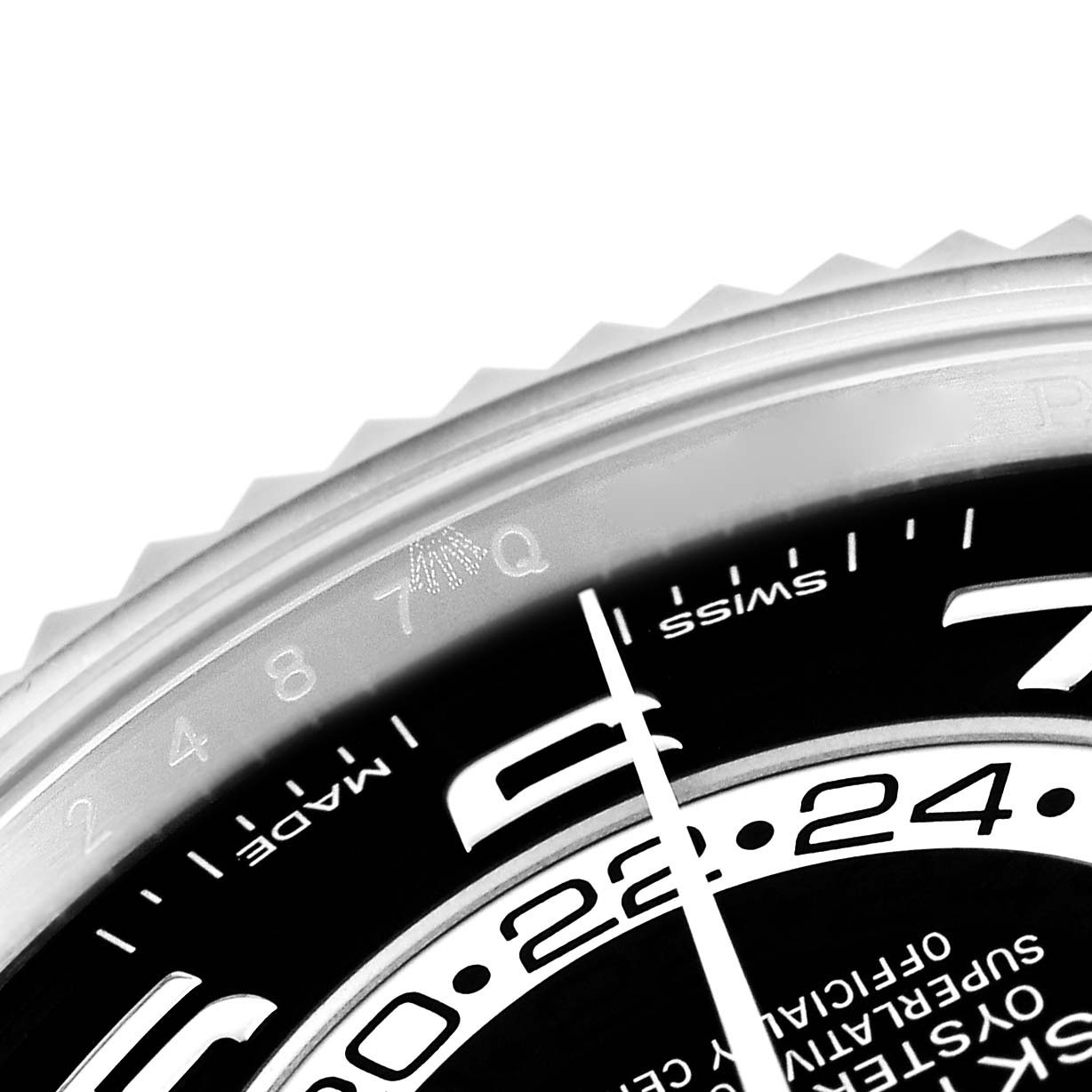 The close-up image shows part of the dial and bezel of the Rolex Sky-Dweller 326939 Men
s White Gold Black Dial 326939 Men
s White Gold Black Dial watch.