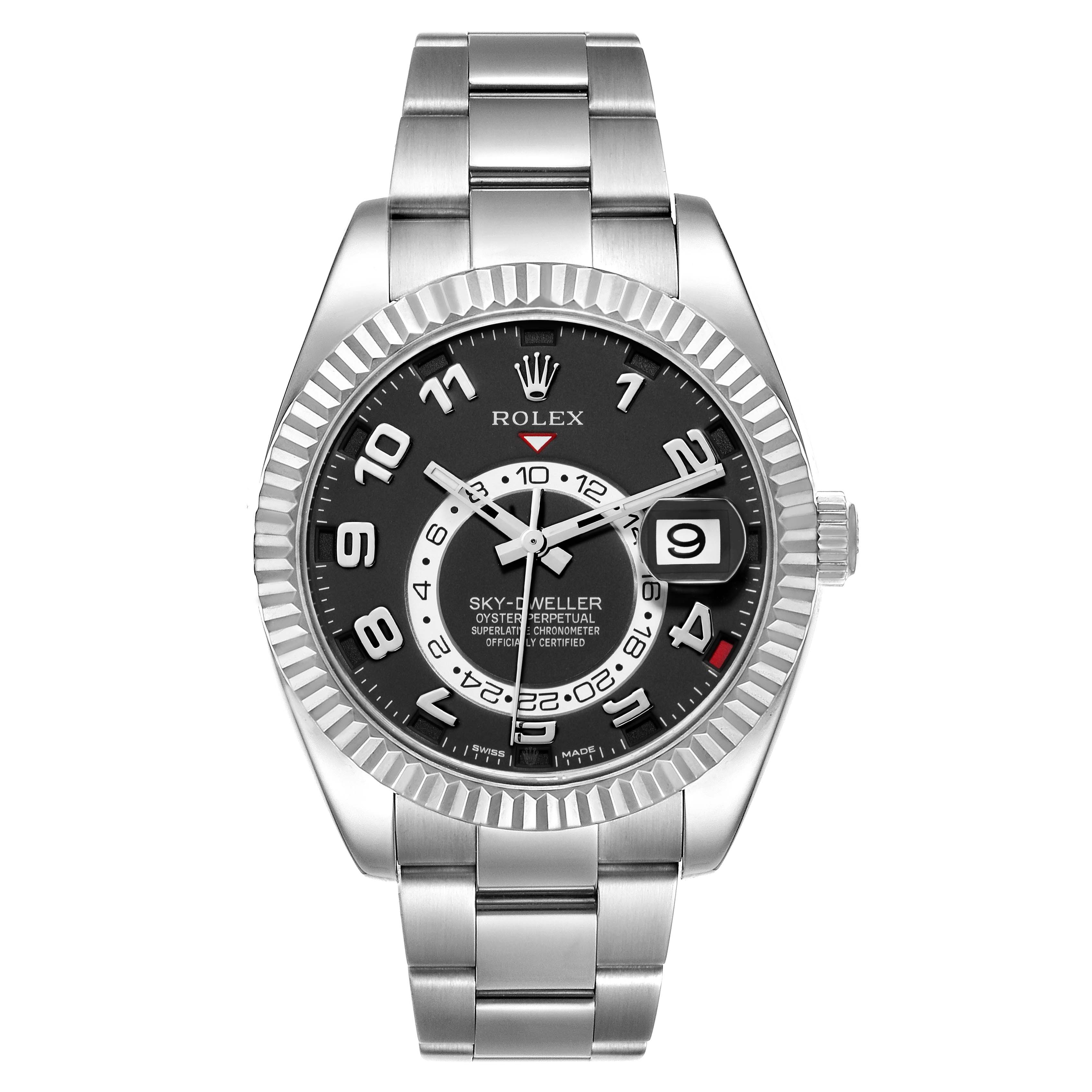 The Rolex Sky-Dweller 326939 Men
s White Gold Black Dial 326939 Men
s White Gold Black Dial watch is shown from the front, displaying the dial, bezel, and bracelet clearly.