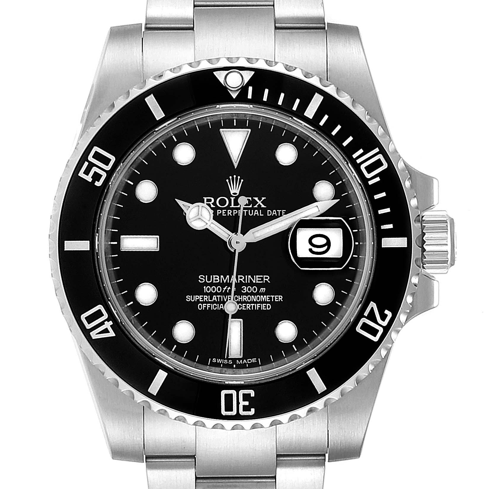 The image shows a front view of a Rolex Submariner 116610 Men
s Stainless Steel Black Dial 116610 Men
s Stainless Steel Black Dial watch, highlighting its black dial, bezel, and date window.