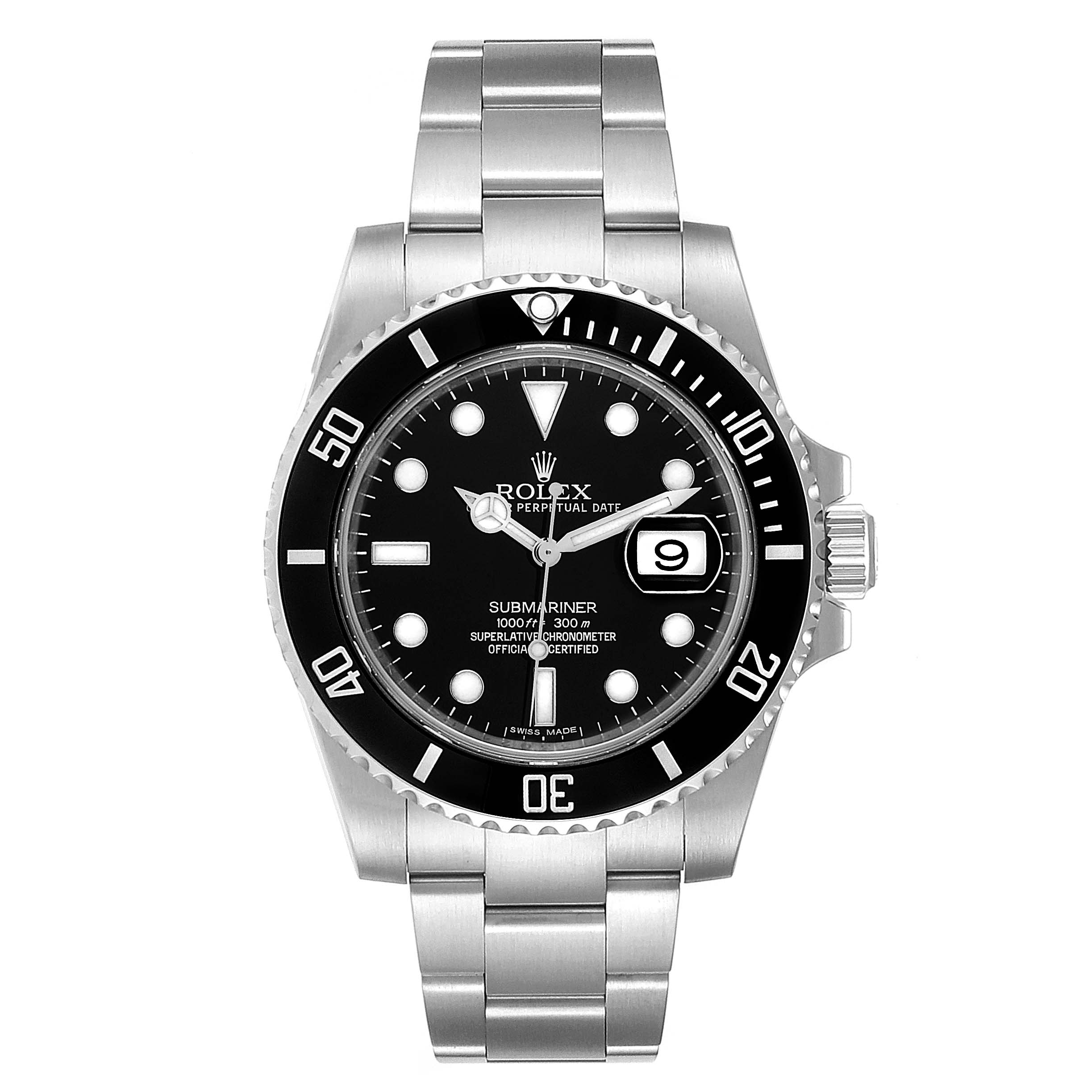 The image shows a frontal view of the Rolex Submariner 116610 Men
s Stainless Steel Black Dial 116610 Men
s Stainless Steel Black Dial watch, including the dial, bezel, and bracelet.