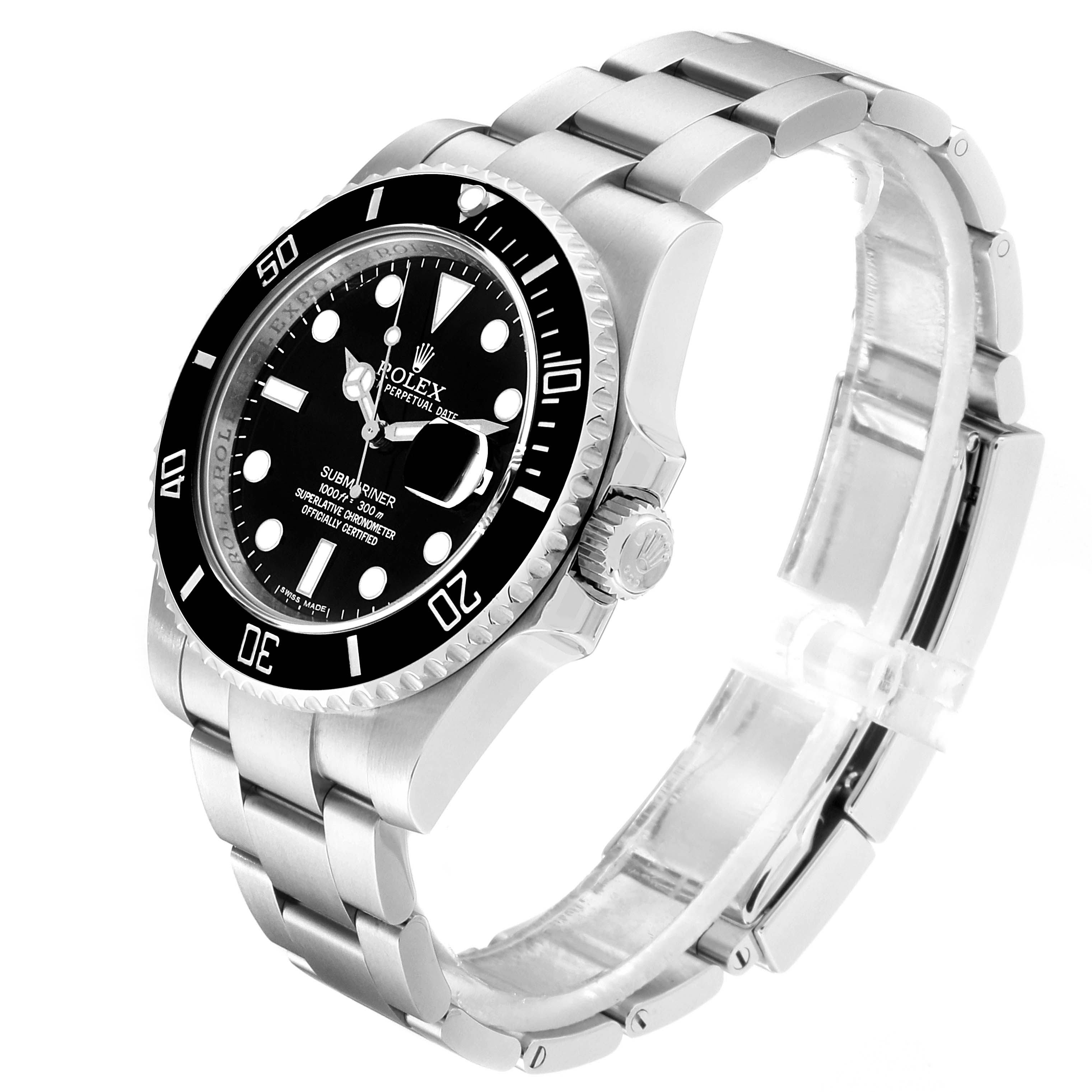 The image shows a Rolex Submariner 116610 Men
s Stainless Steel Black Dial 116610 Men
s Stainless Steel Black Dial watch from a side angle, highlighting the face, bezel, crown, and stainless steel bracelet.