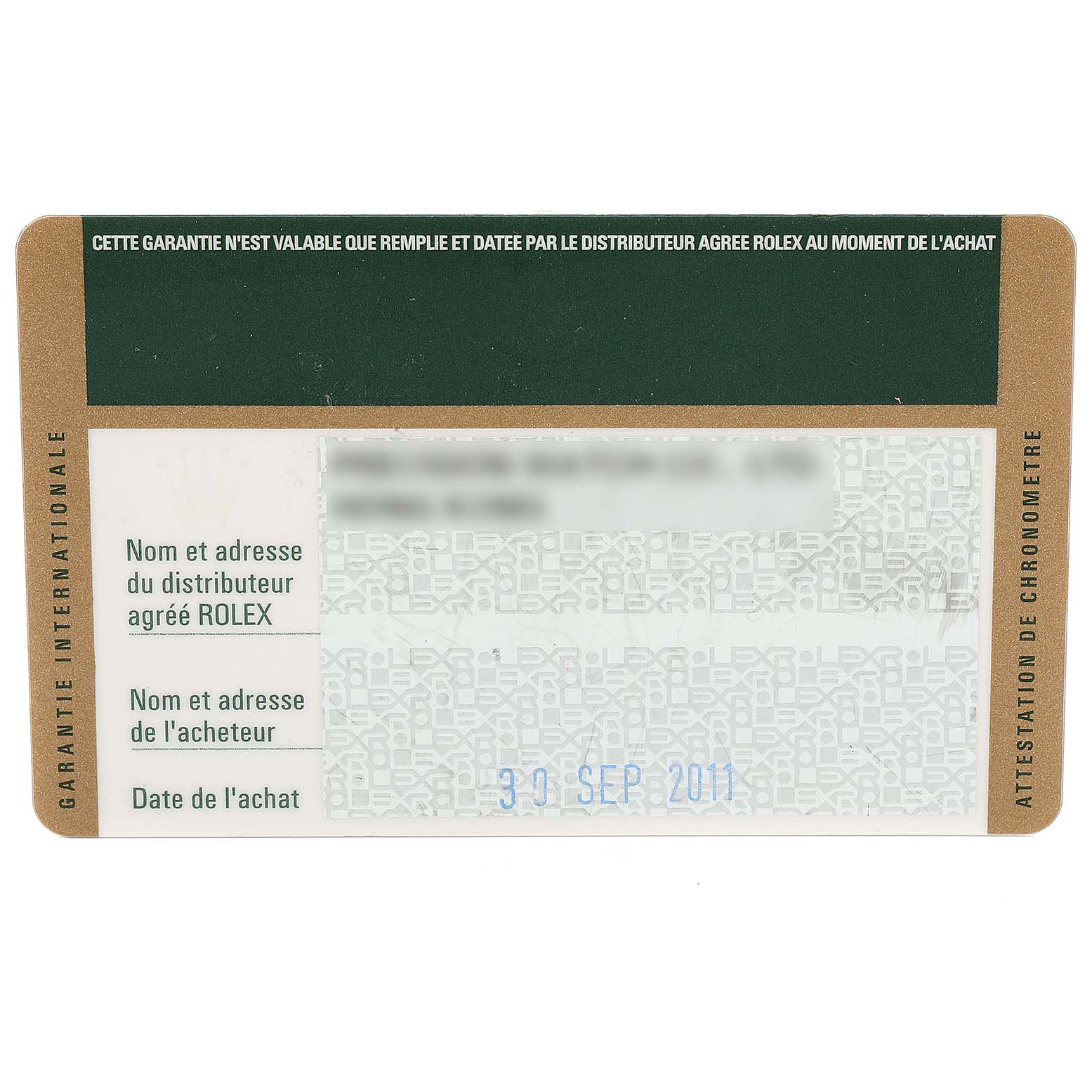 The image shows a guarantee card for the Rolex Submariner 116610 Men
s Stainless Steel Black Dial 116610 Men
s Stainless Steel Black Dial model, displaying purchase details and dealer information.