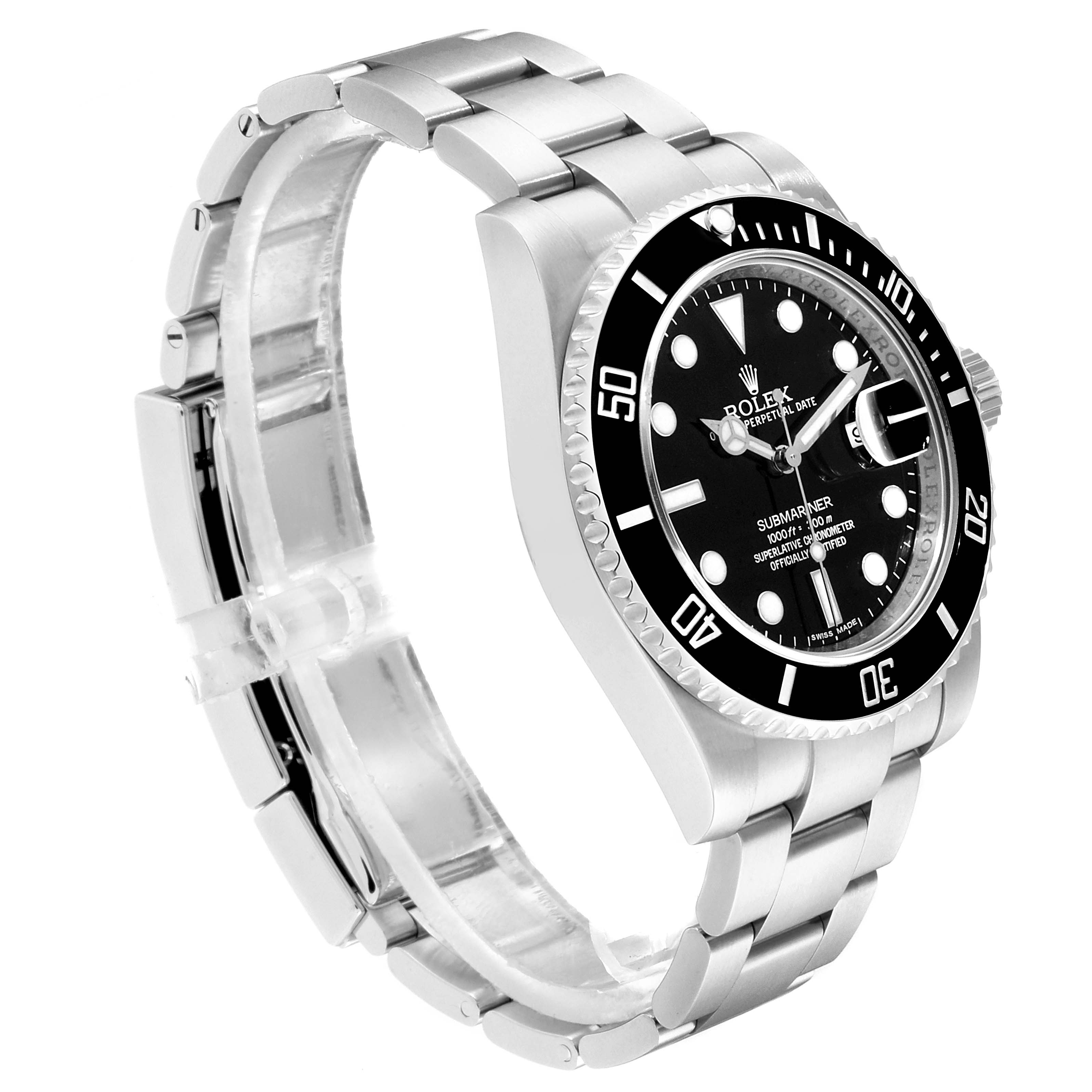 The image shows a side and slightly angled front view of the Rolex Submariner 116610 Men
s Stainless Steel Black Dial 116610 Men
s Stainless Steel Black Dial, highlighting its bezel, dial, and bracelet.
