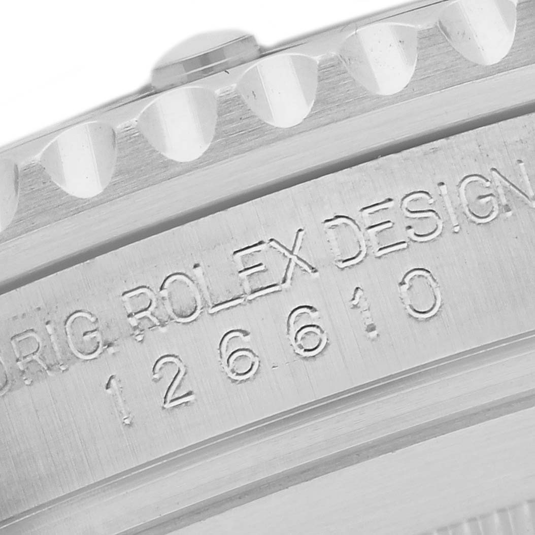 The image shows a close-up angle of the case and bezel of a Rolex Submariner 126610 Men's Stainless Steel Black Dial 126610 Men's Stainless Steel Black Dial, highlighting the engravings.
