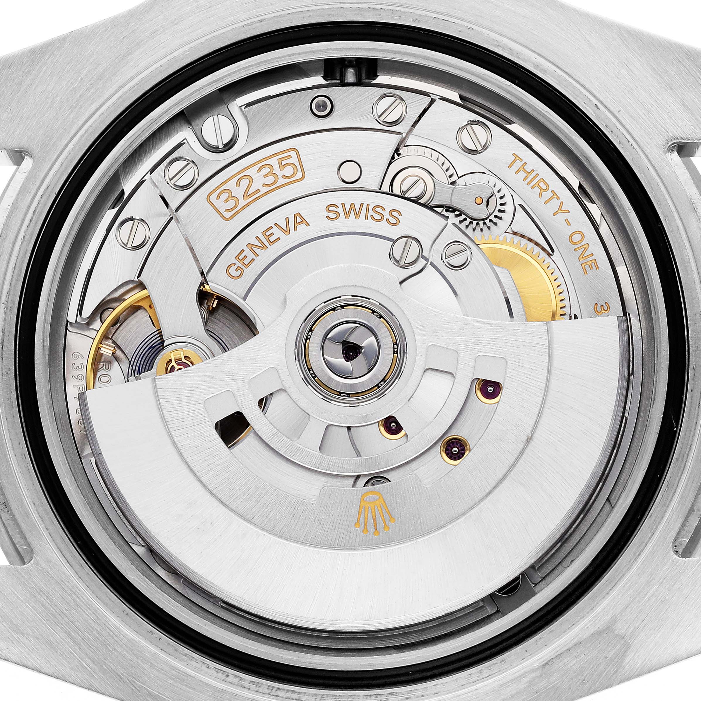 The image shows a close-up of the Rolex Submariner 126610 Men's Stainless Steel Black Dial 126610 Men's Stainless Steel Black Dial's movement assembly from the back.