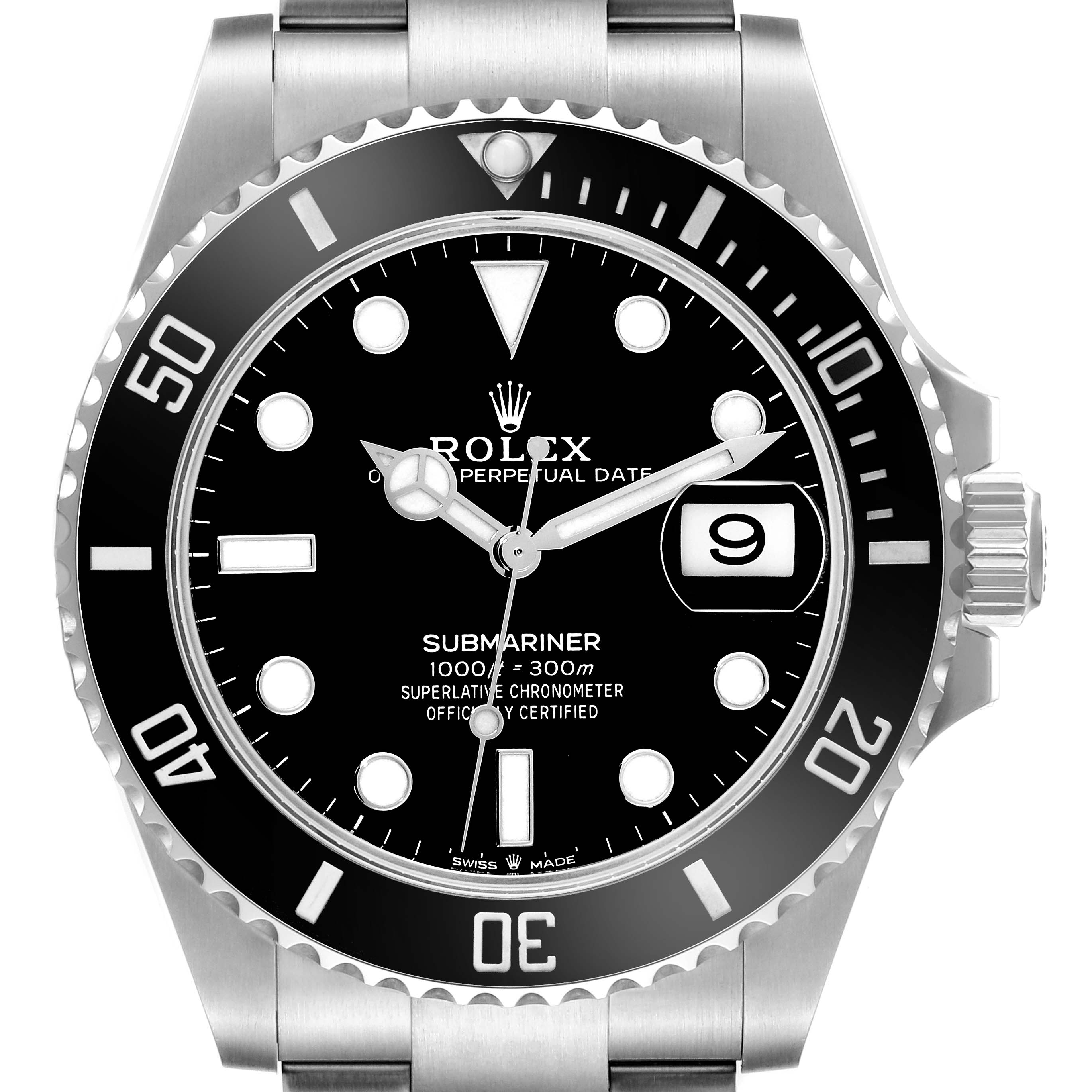 The image shows a front view of a Rolex Submariner 126610 Men's Stainless Steel Black Dial 126610 Men's Stainless Steel Black Dial watch, highlighting the dial, bezel, date window, and part of the bracelet.