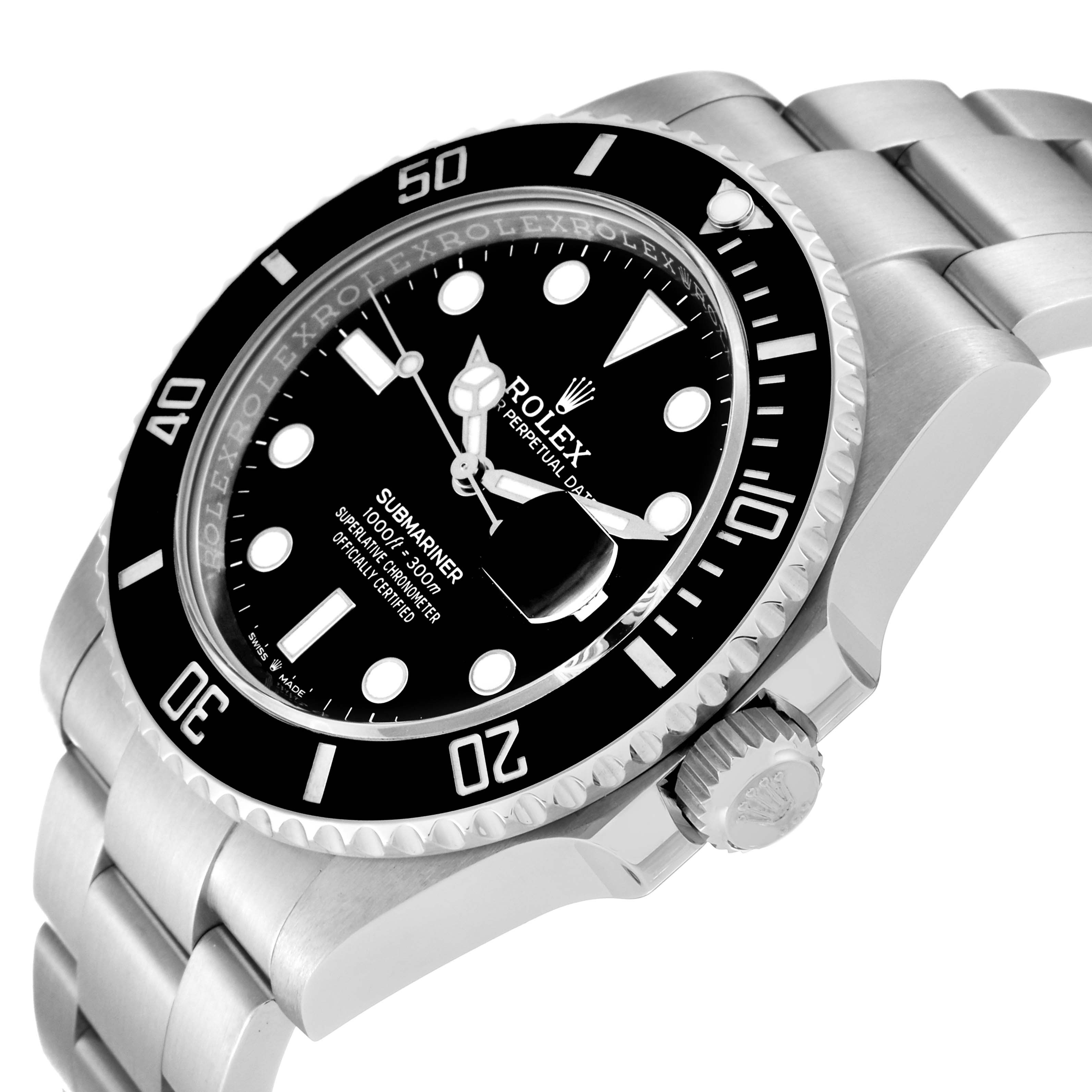 The image shows an angled view of a Rolex Submariner 126610 Men's Stainless Steel Black Dial 126610 Men's Stainless Steel Black Dial, highlighting the dial, bezel, and part of the bracelet.