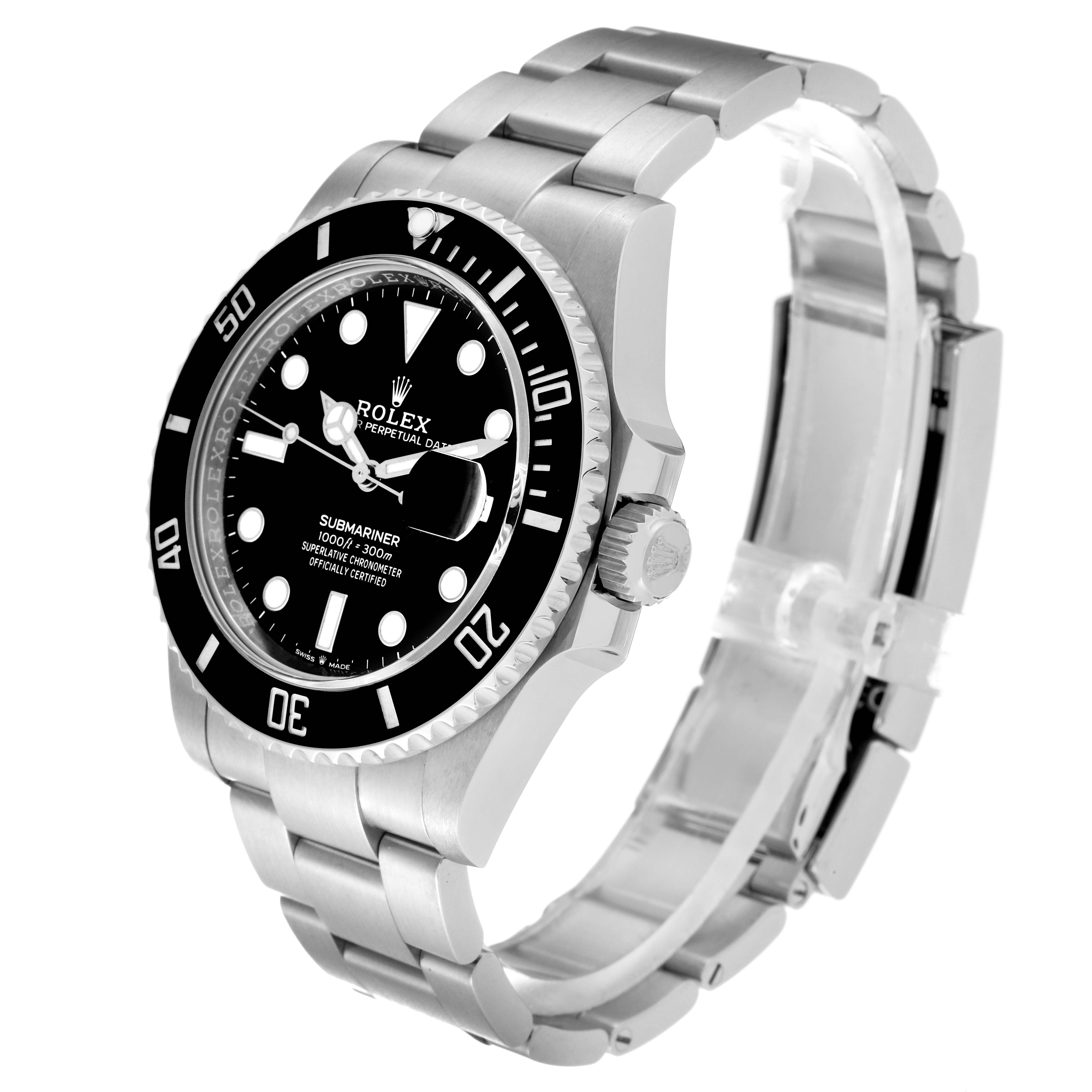 This image shows a Rolex Submariner 126610 Men's Stainless Steel Black Dial 126610 Men's Stainless Steel Black Dial watch at a three-quarter angle, highlighting its black dial, bezel, and stainless steel bracelet.