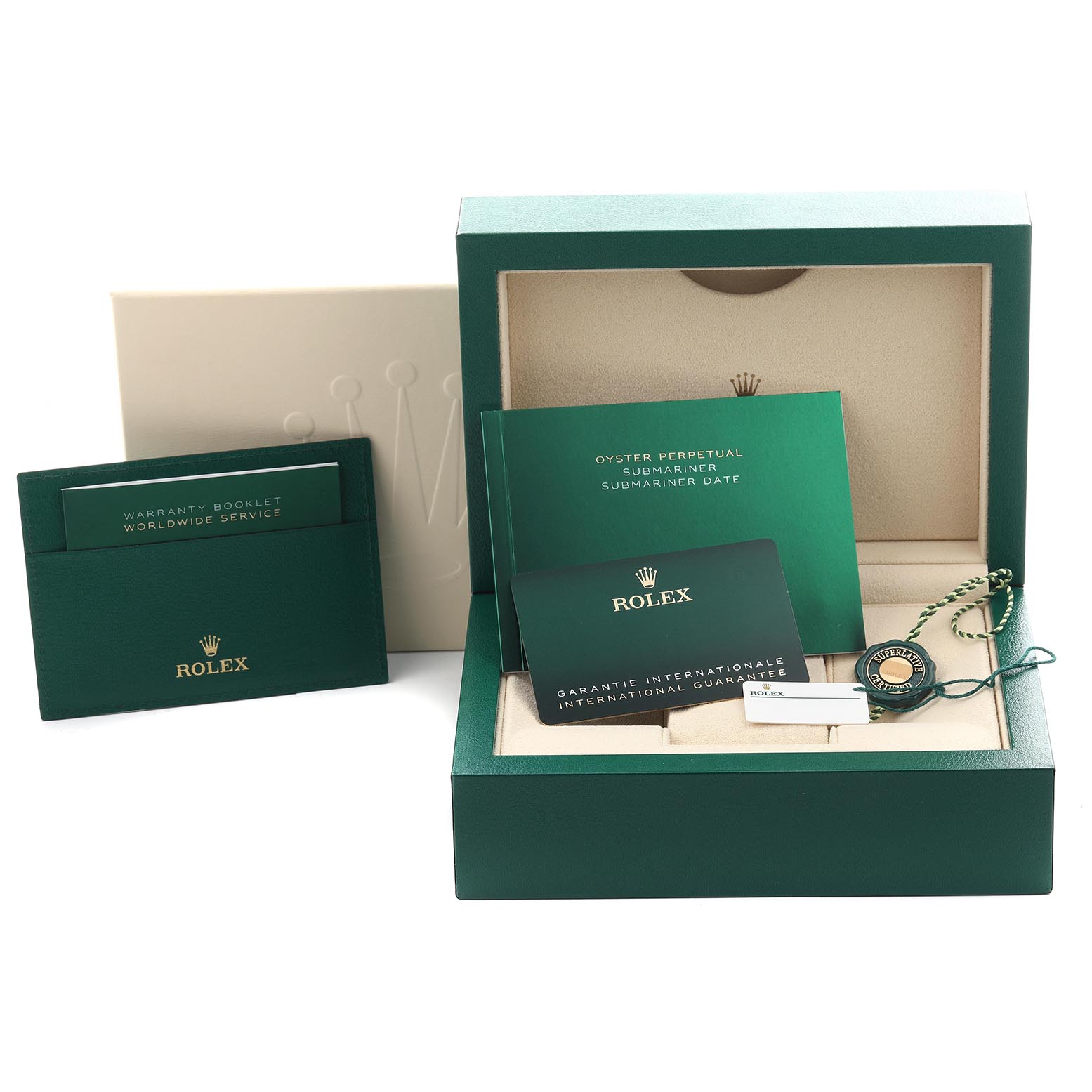 The image shows a Rolex Submariner 126610 Men
s Stainless Steel Black Dial 126610 Men
s Stainless Steel Black Dial box open, displaying manuals, a warranty card, and a tag from a front angle.