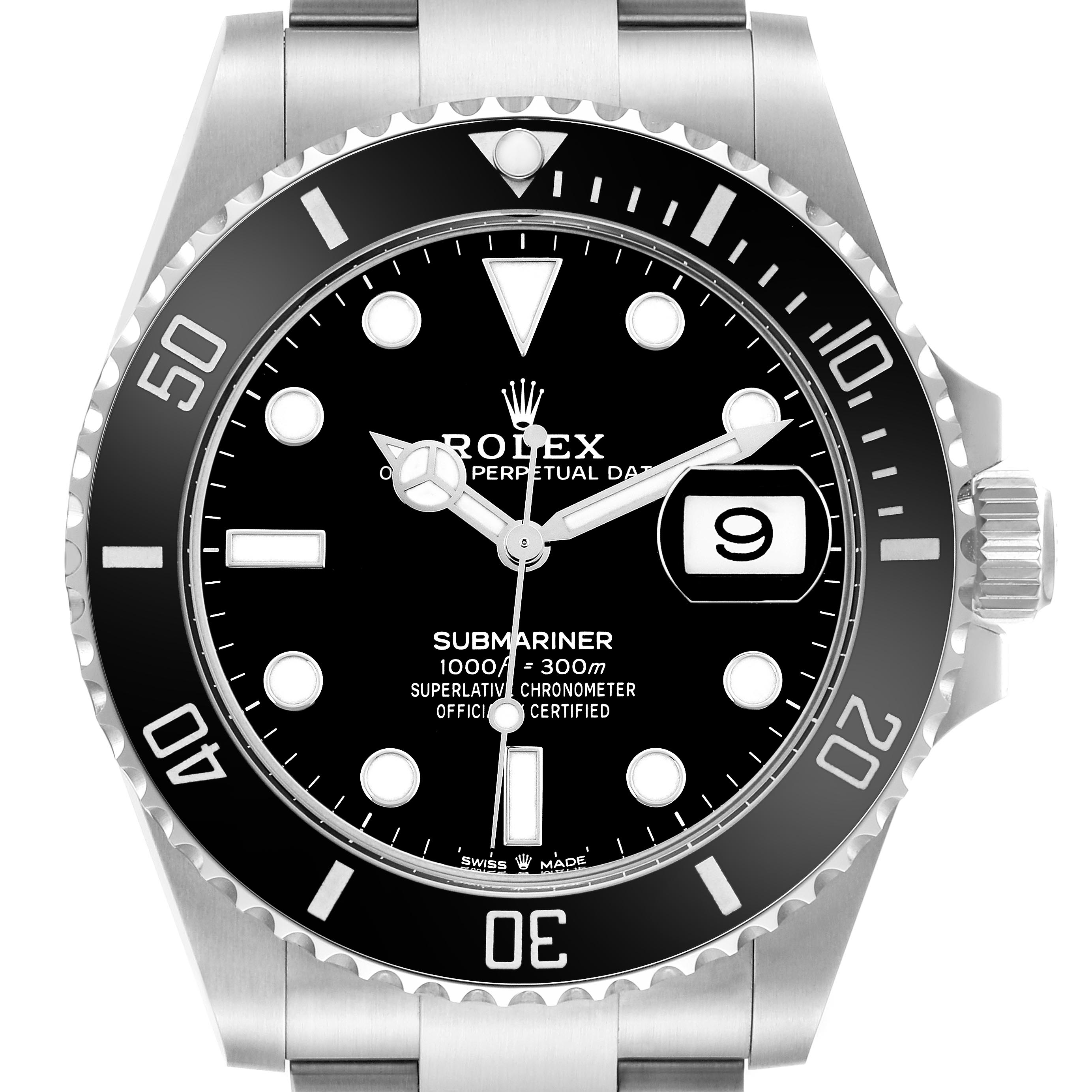 The Rolex Submariner 126610 Men
s Stainless Steel Black Dial 126610 Men
s Stainless Steel Black Dial watch is shown from a front view, displaying the face, bezel, dial, and date window clearly.