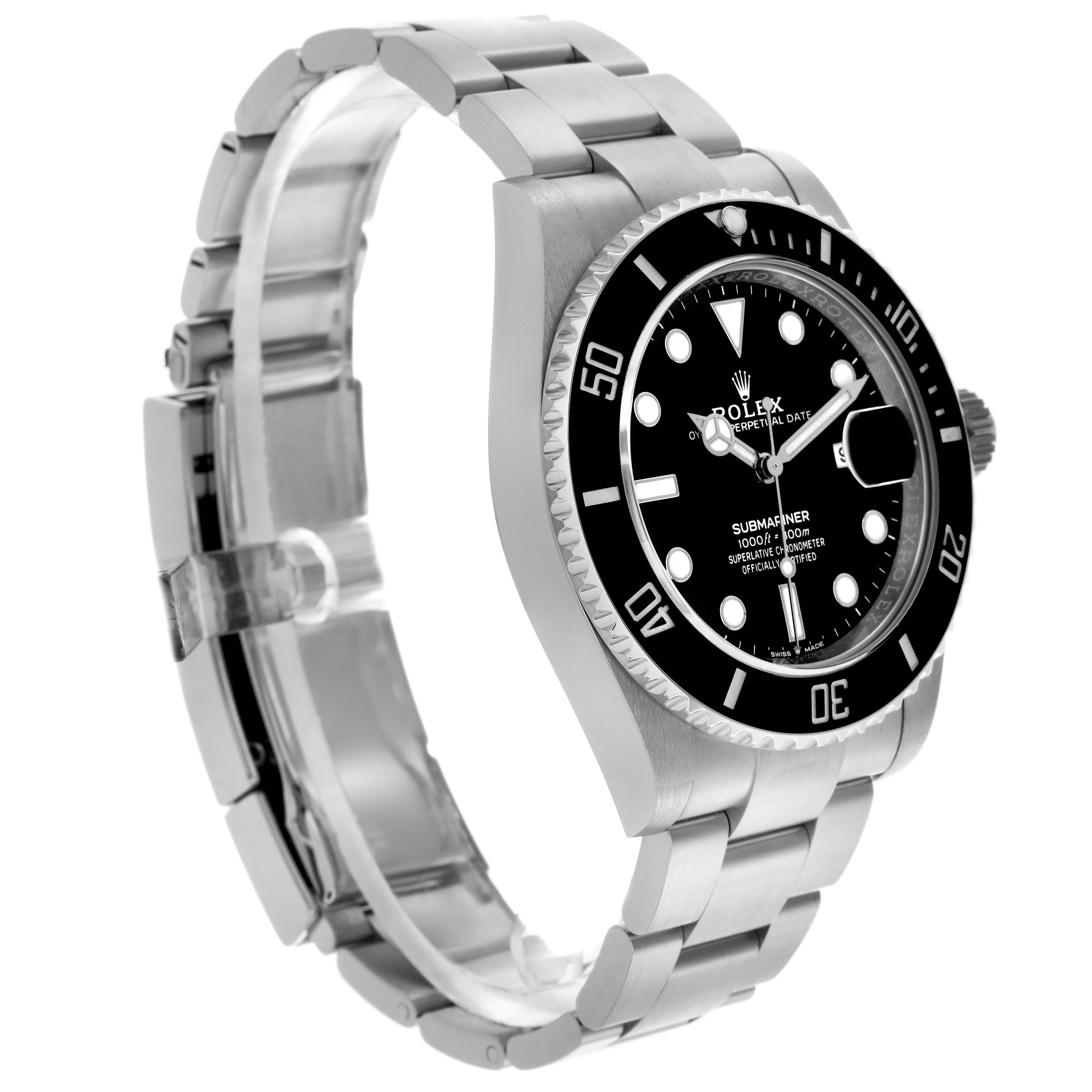 The Rolex Submariner 126610 Men
s Stainless Steel Black Dial 126610 Men
s Stainless Steel Black Dial watch is shown at a three-quarter angle, displaying the black dial, bezel, and stainless steel bracelet.