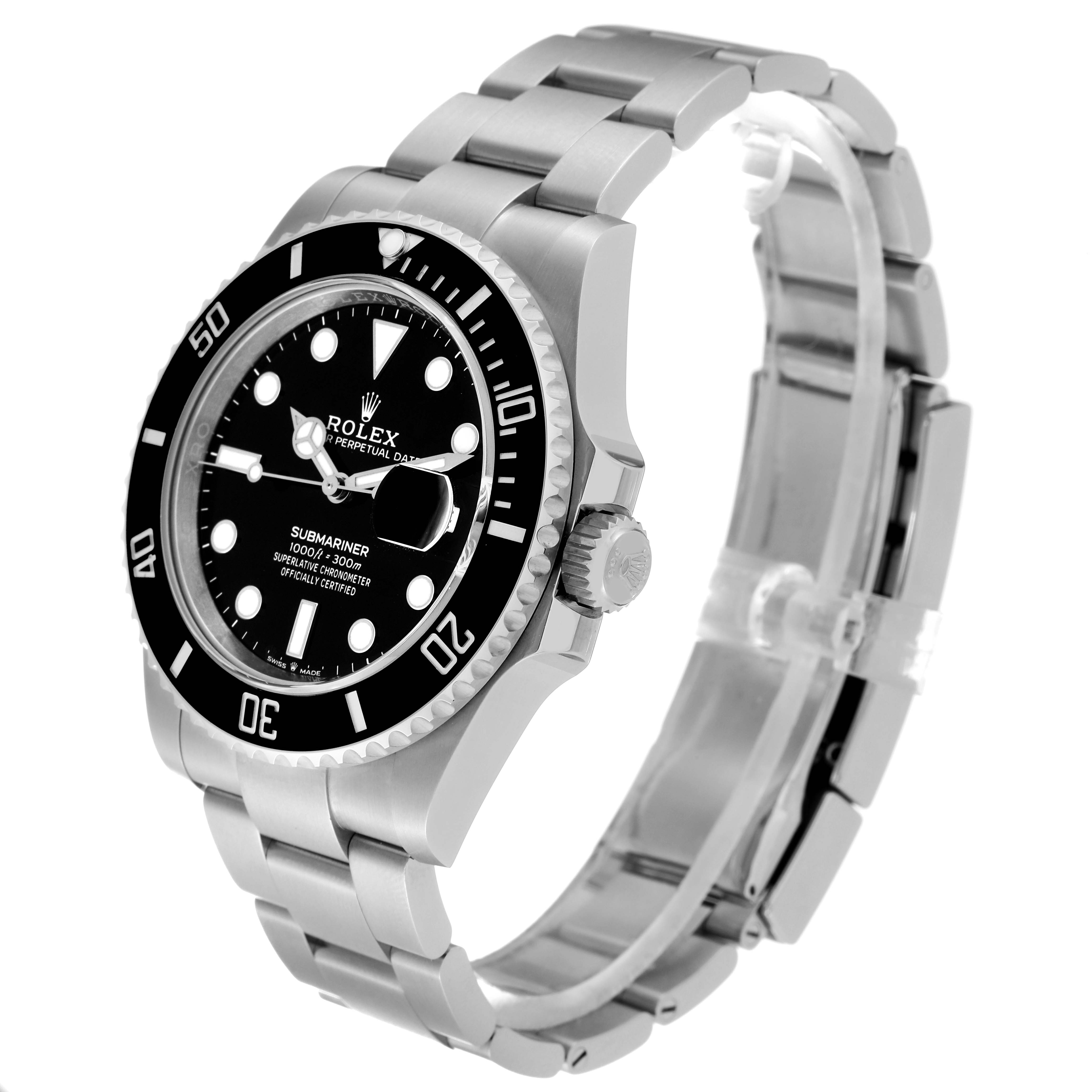 The image shows a side view angle of the Rolex Submariner 126610LN Men
s Stainless Steel Black Dial 126610LN Men
s Stainless Steel Black Dial watch, highlighting the watch face, bezel, crown, and bracelet.