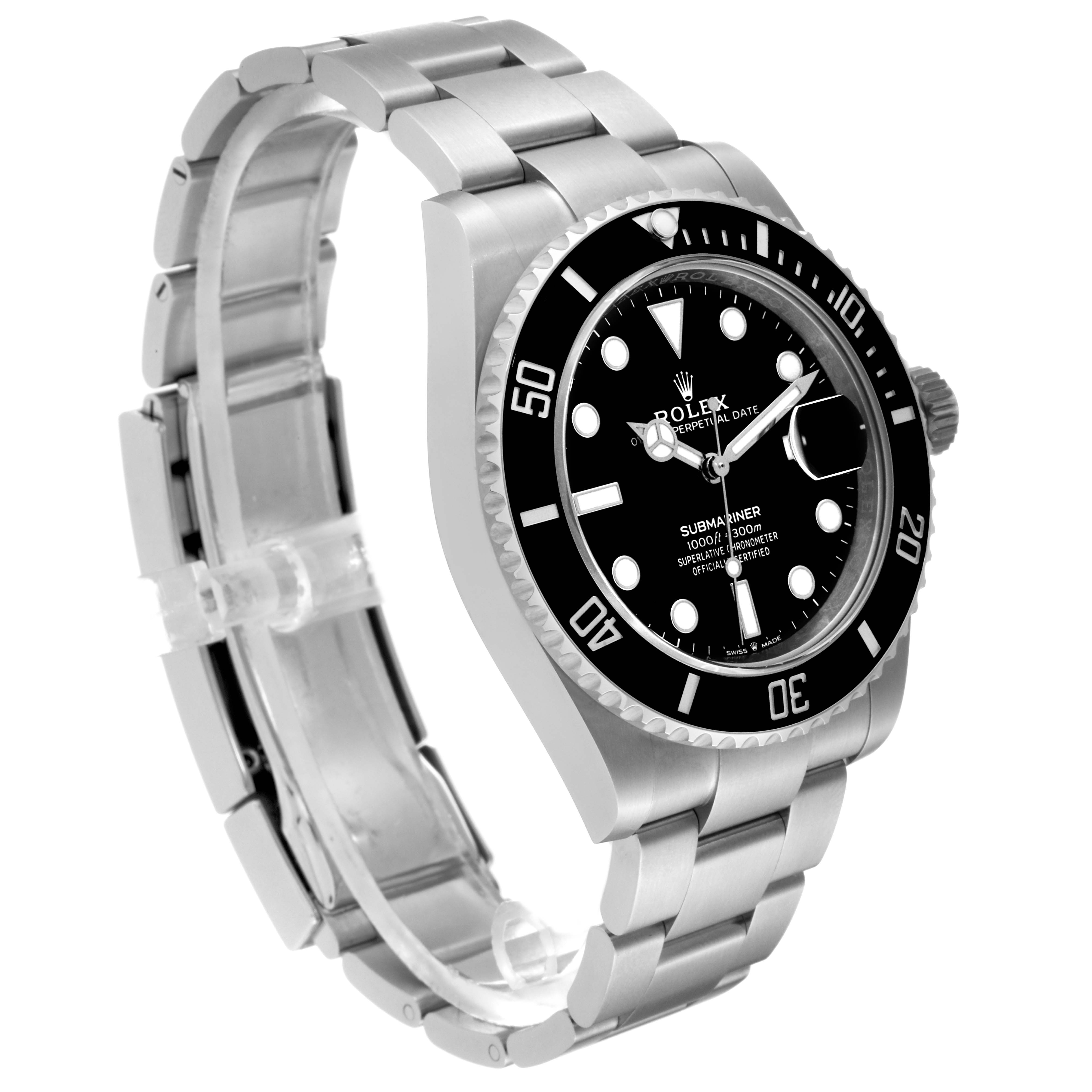 The image shows a side perspective of a Rolex Submariner 126610LN Men
s Stainless Steel Black Dial 126610LN Men
s Stainless Steel Black Dial watch, highlighting the bracelet, bezel, and dial.
