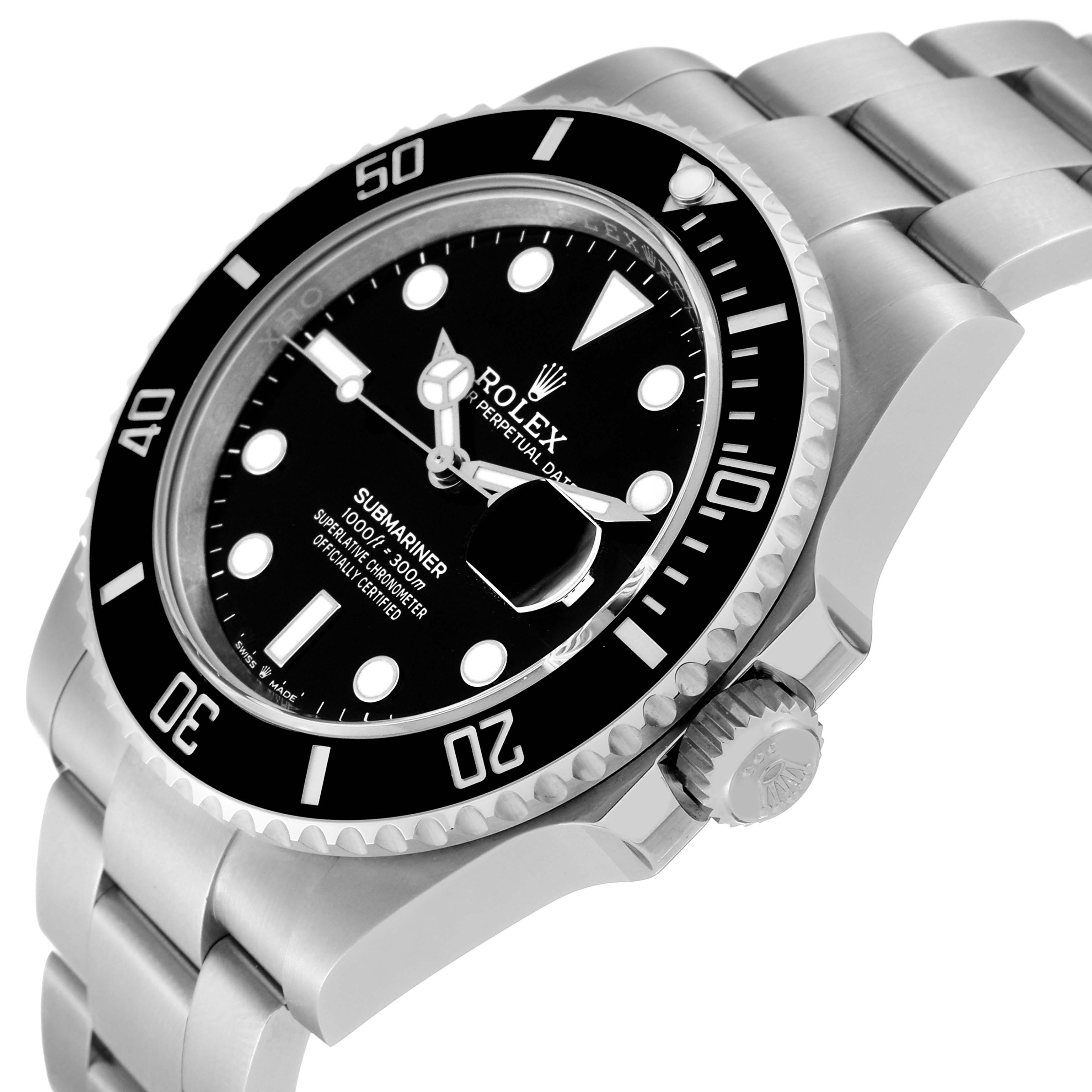 The image shows a side view of the Rolex Submariner 126610LN Men
s Stainless Steel Black Dial 126610LN Men
s Stainless Steel Black Dial watch, highlighting the bezel, dial, crown, and part of the bracelet.