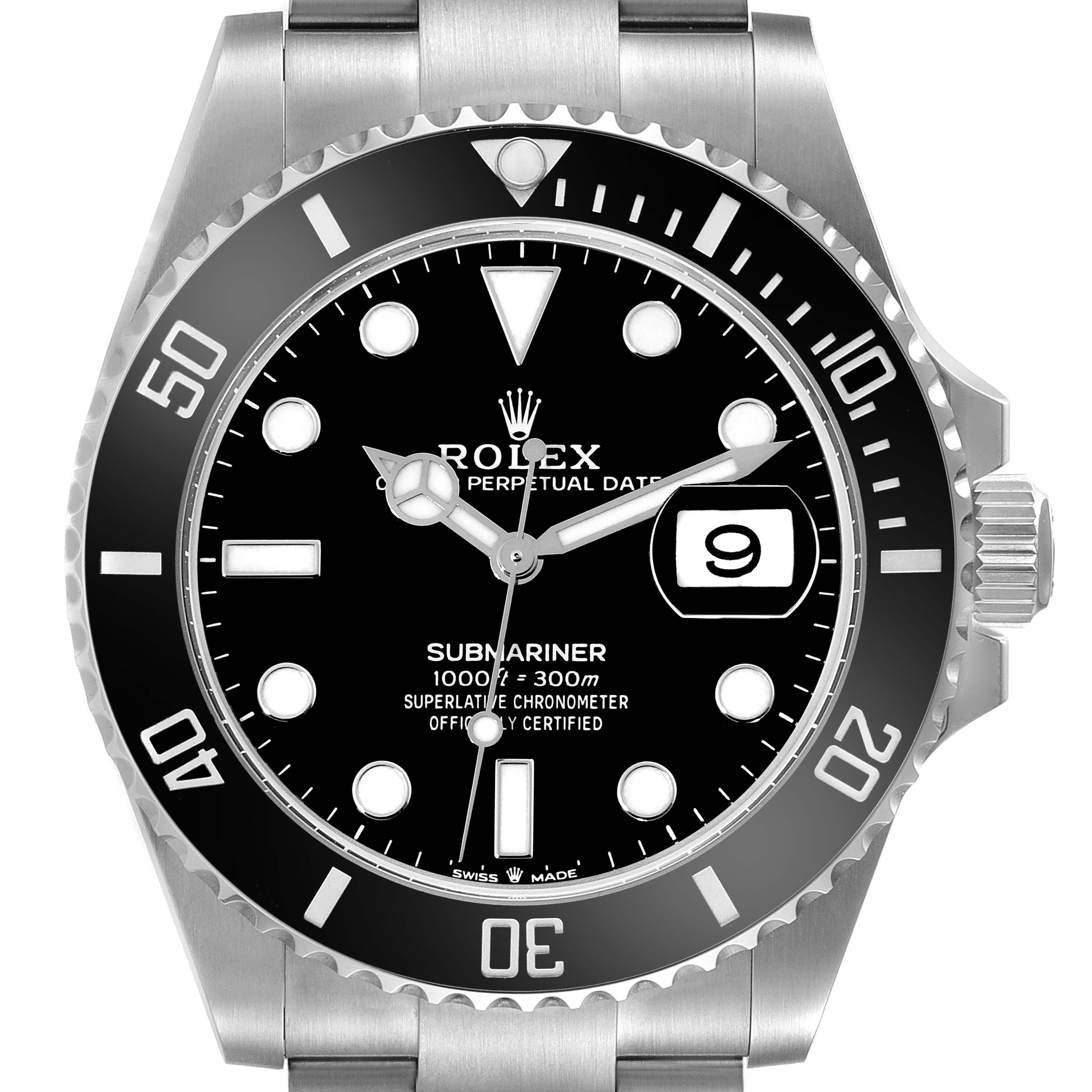 This image shows a front view of the Rolex Submariner 126610LN Men
s Stainless Steel Black Dial 126610LN Men
s Stainless Steel Black Dial watch, highlighting the dial, bezel, and part of the stainless steel bracelet.