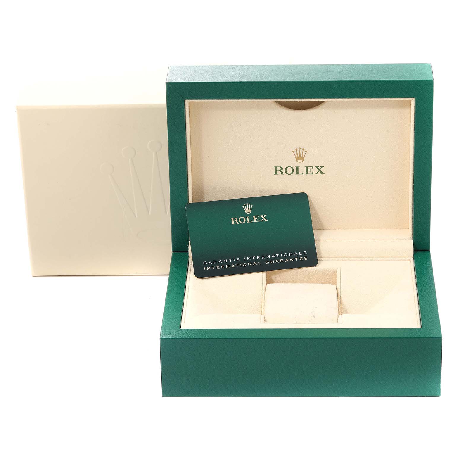 The image shows the open packaging box and international guarantee card for a Rolex Submariner 126610LN Men
s Stainless Steel Black Dial 126610LN Men
s Stainless Steel Black Dial watch.