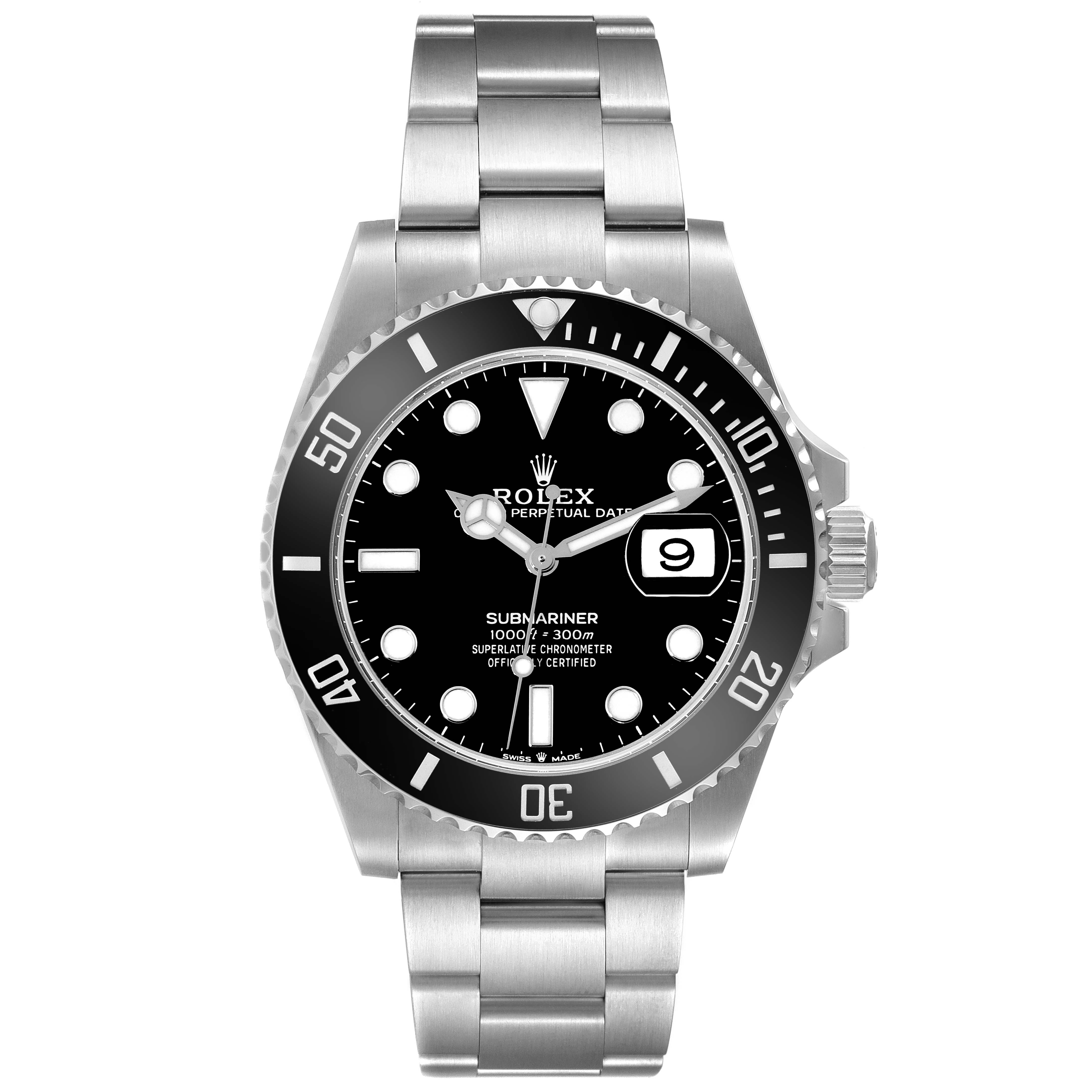 The image shows a front view of a Rolex Submariner 126610LN Men
s Stainless Steel Black Dial 126610LN Men
s Stainless Steel Black Dial watch, highlighting its dial, bezel, bracelet, and date window.