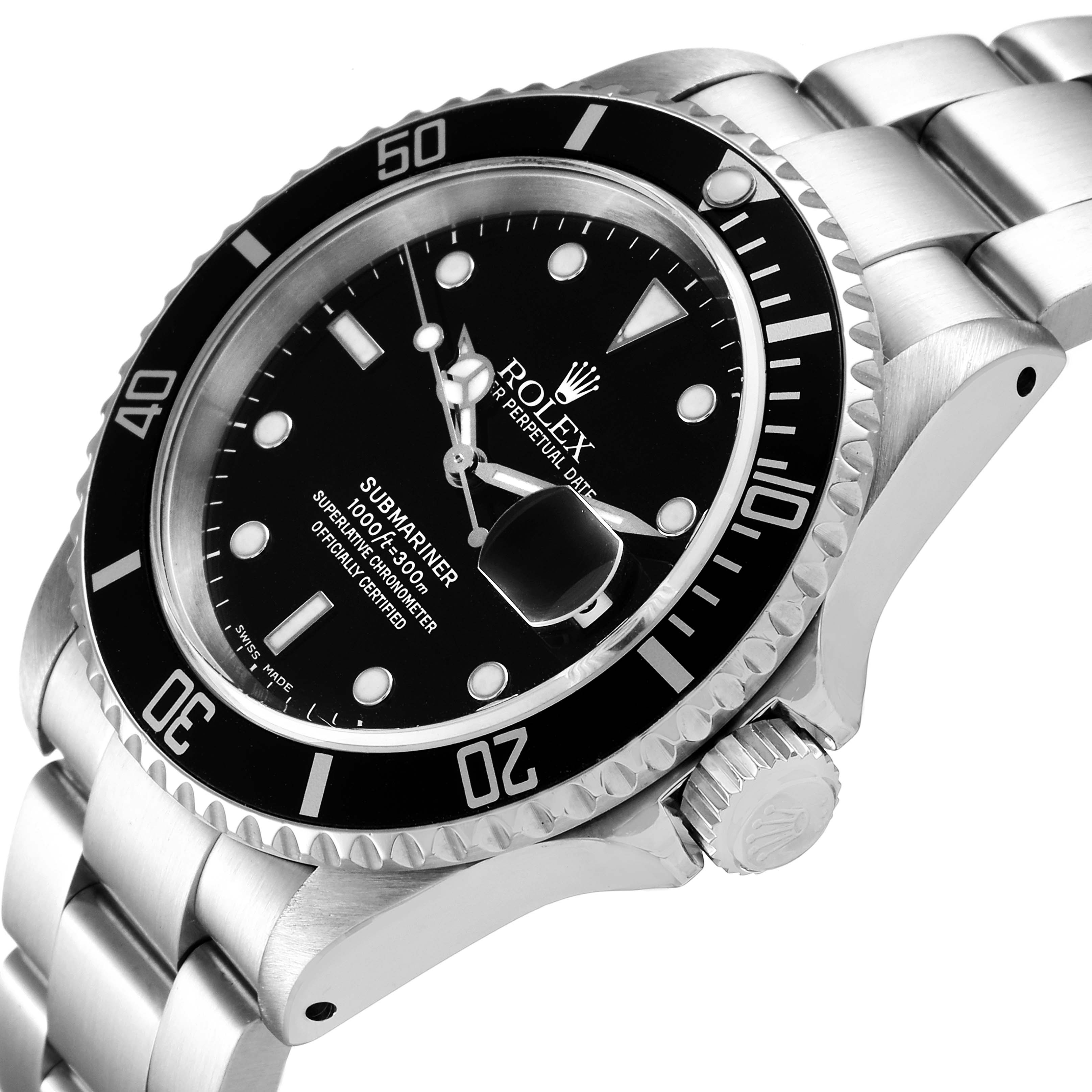 The Rolex Submariner 16610 Men
s Stainless Steel Black Dial 16610 Men
s Stainless Steel Black Dial watch is shown from an angled perspective, highlighting the face, bezel, crown, and bracelet.