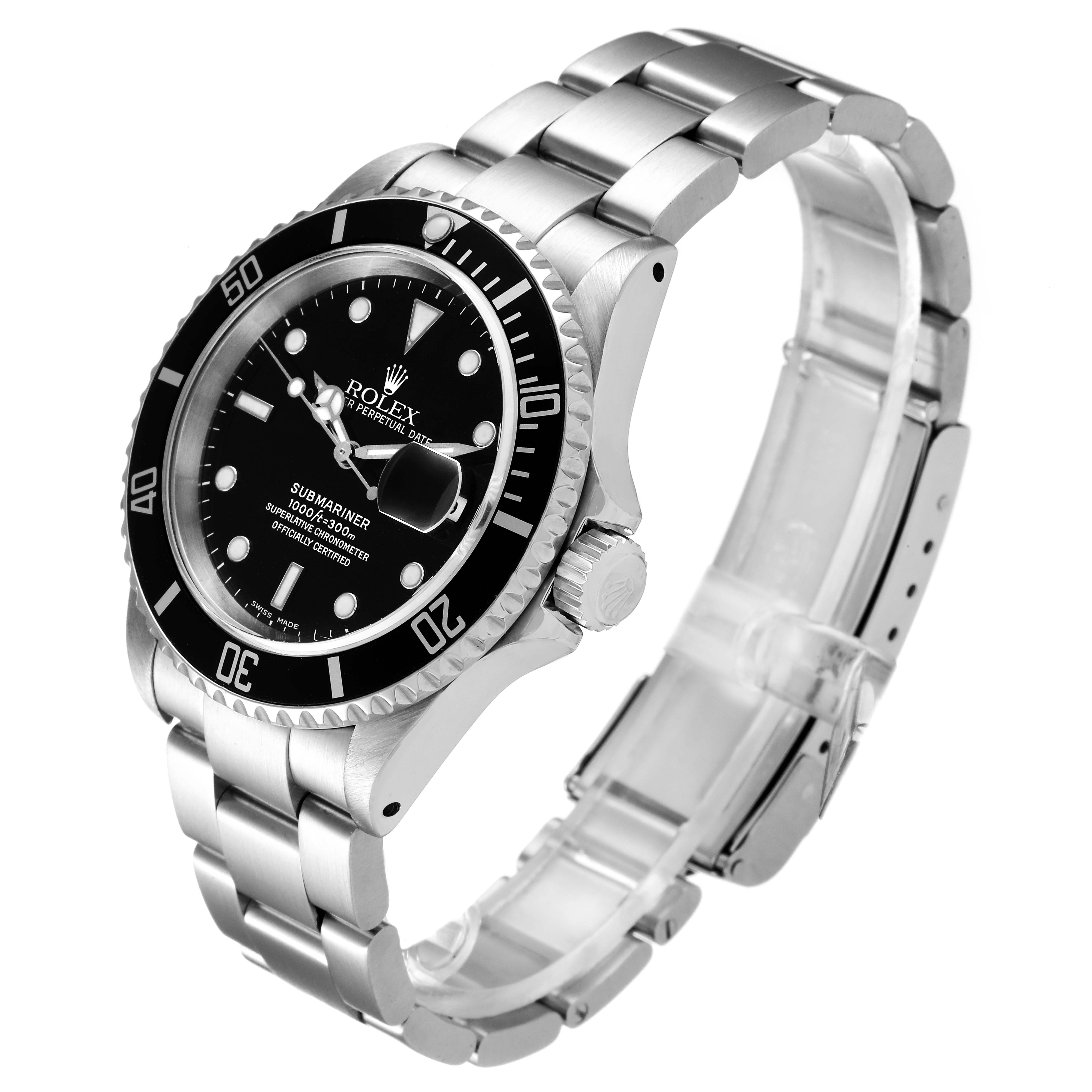 The image shows a side and front angle of a Rolex Submariner 16610 Men
s Stainless Steel Black Dial 16610 Men
s Stainless Steel Black Dial watch, highlighting its bracelet, bezel, and dial.