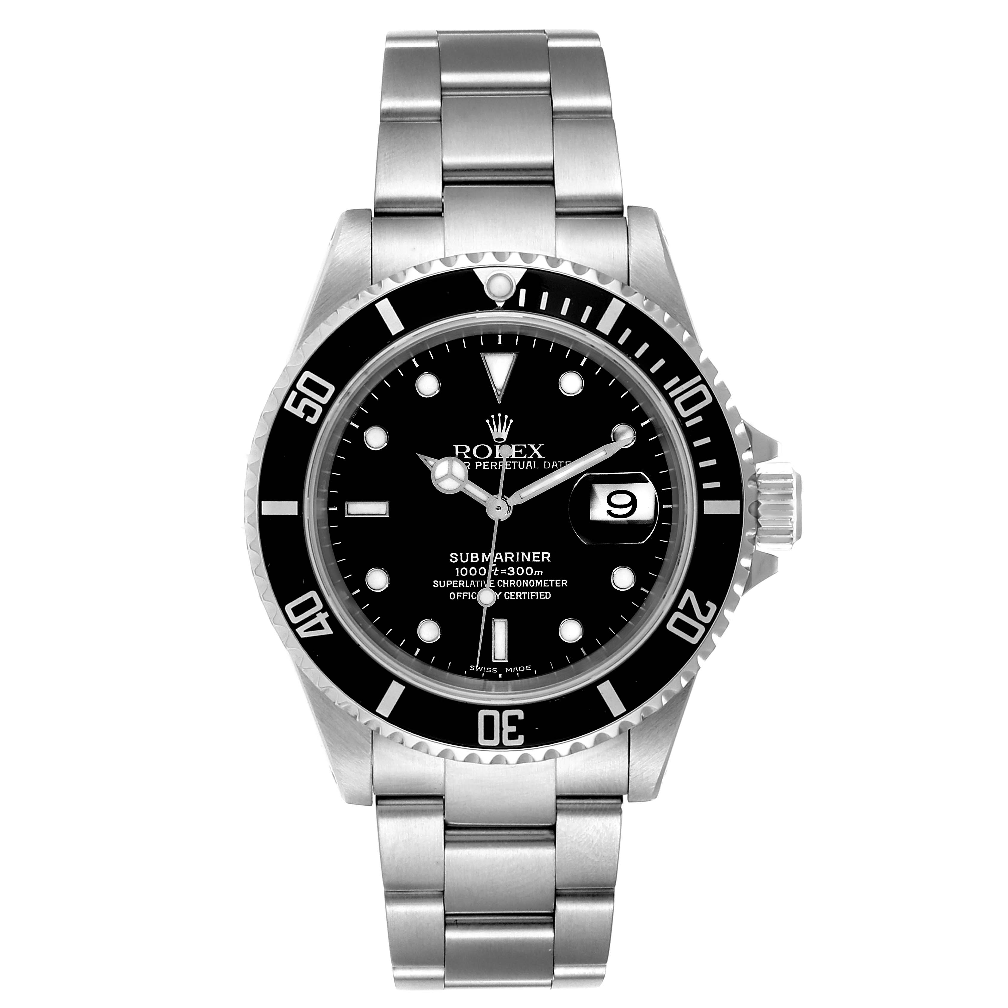 The Rolex Submariner 16610 Men
s Stainless Steel Black Dial 16610 Men
s Stainless Steel Black Dial watch is shown from a straight-on angle, displaying the face, bezel, crown, and bracelet.